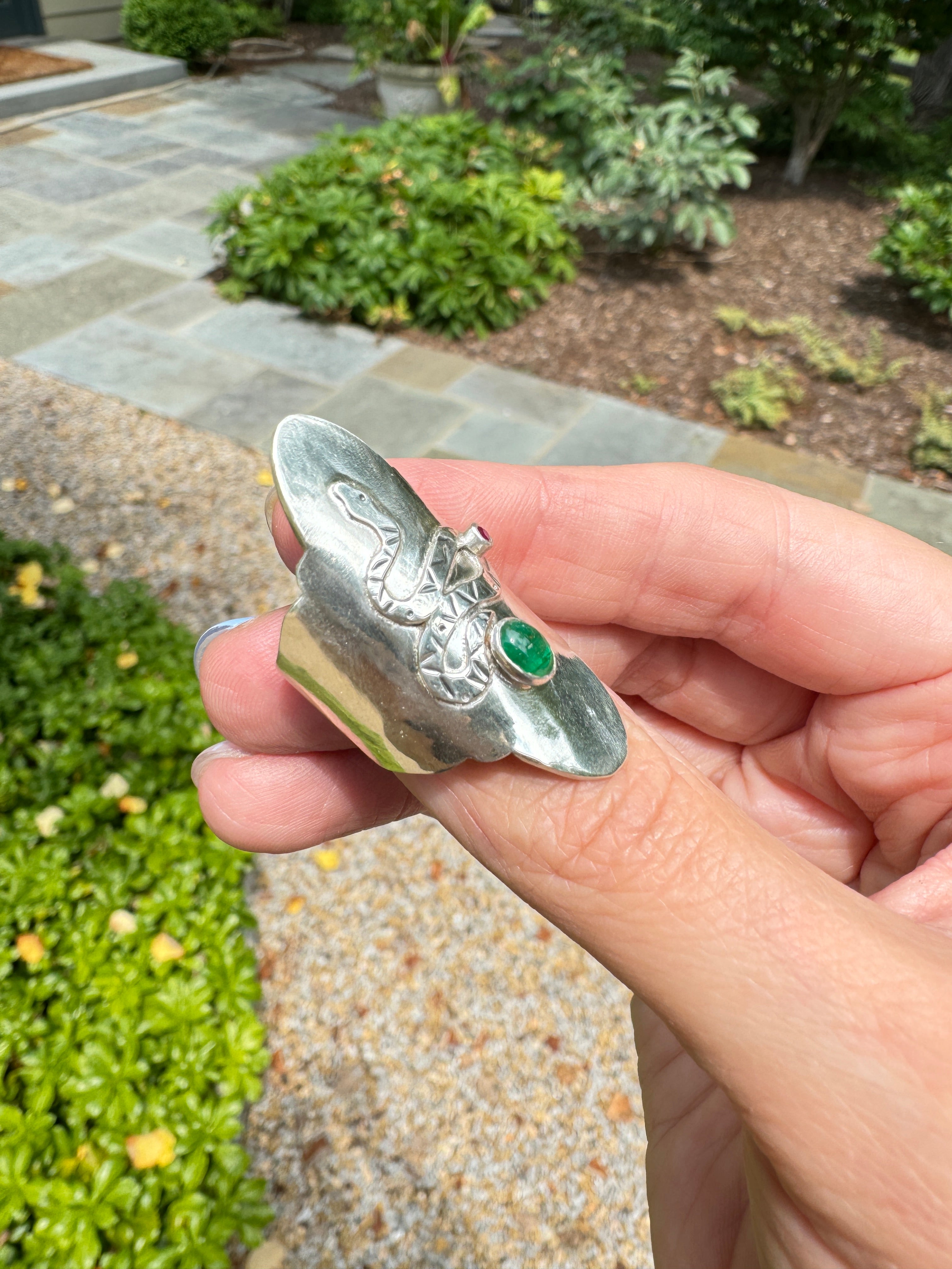 Sterling Silver Snake Ring with Emerald and Ruby (Size 6/6.5)