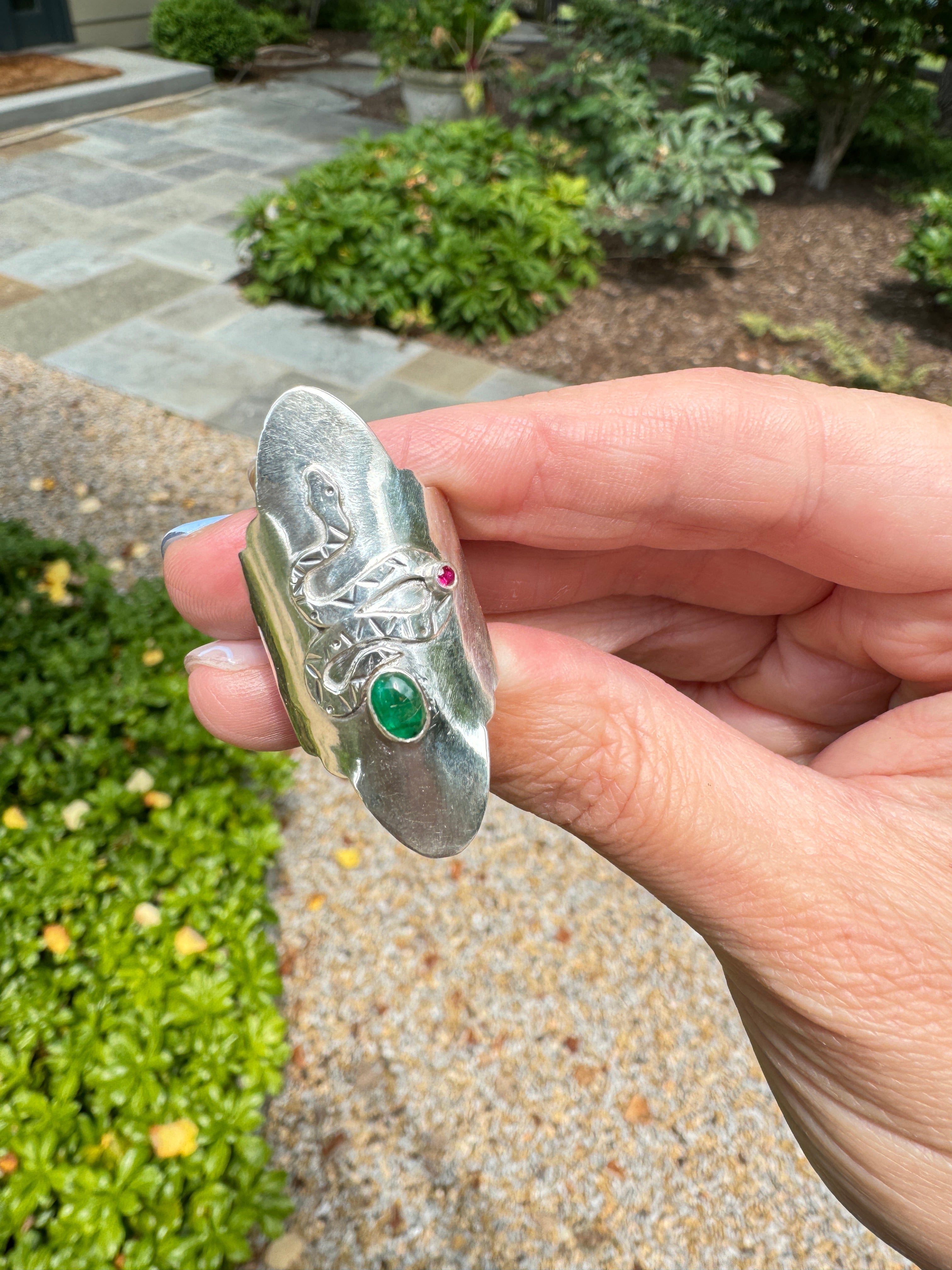 Sterling Silver Snake Ring with Emerald and Ruby (Size 6/6.5)