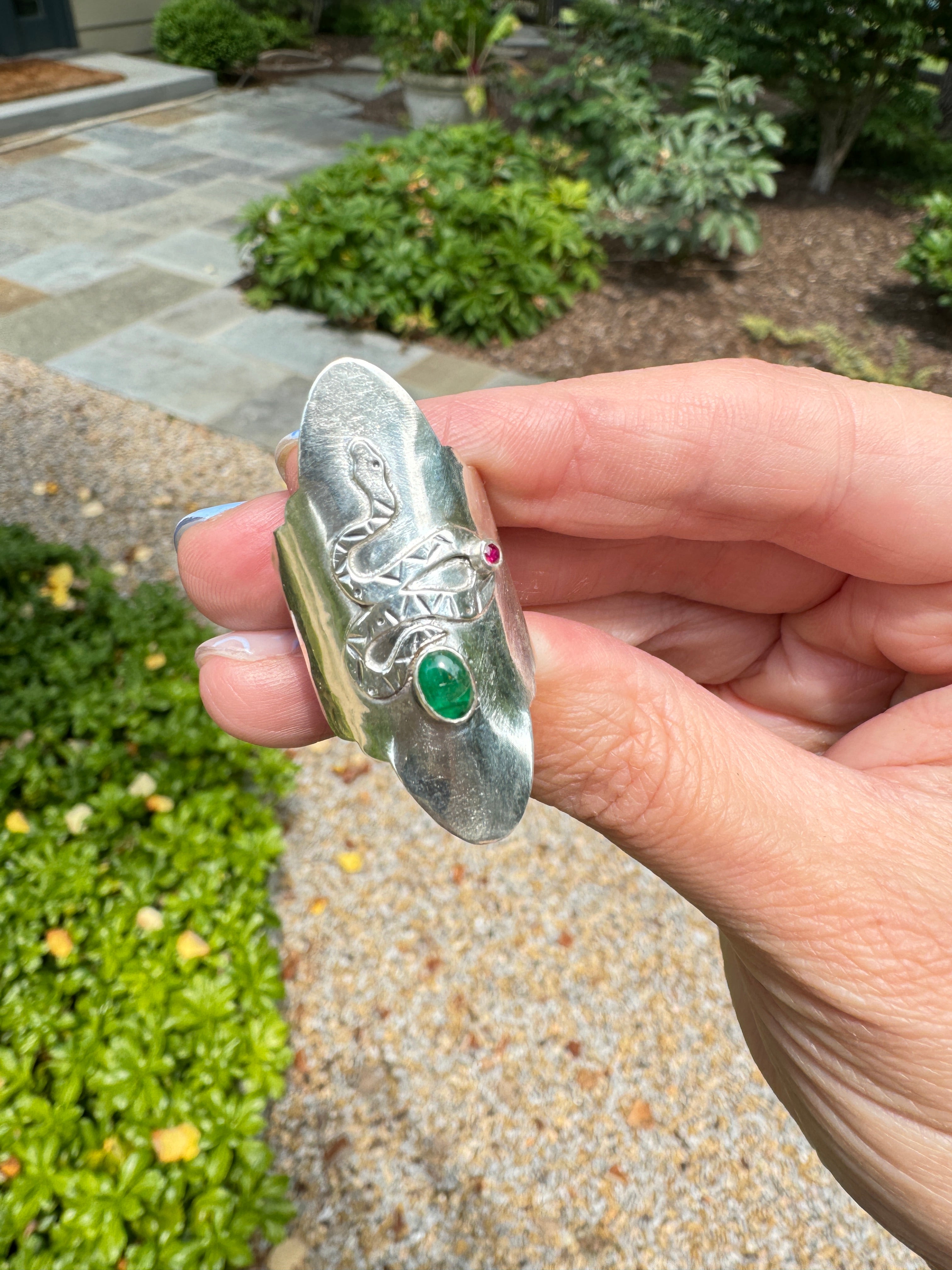 Sterling Silver Snake Ring with Emerald and Ruby (Size 6/6.5)