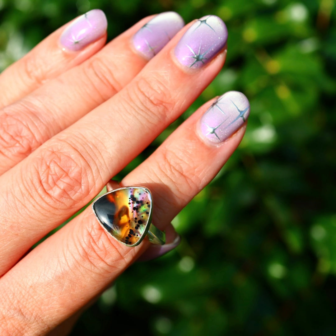 Montana Agate & New Zealand Abalone Ring | Iridescent Rainbow Ring | Size 6.25-6.75