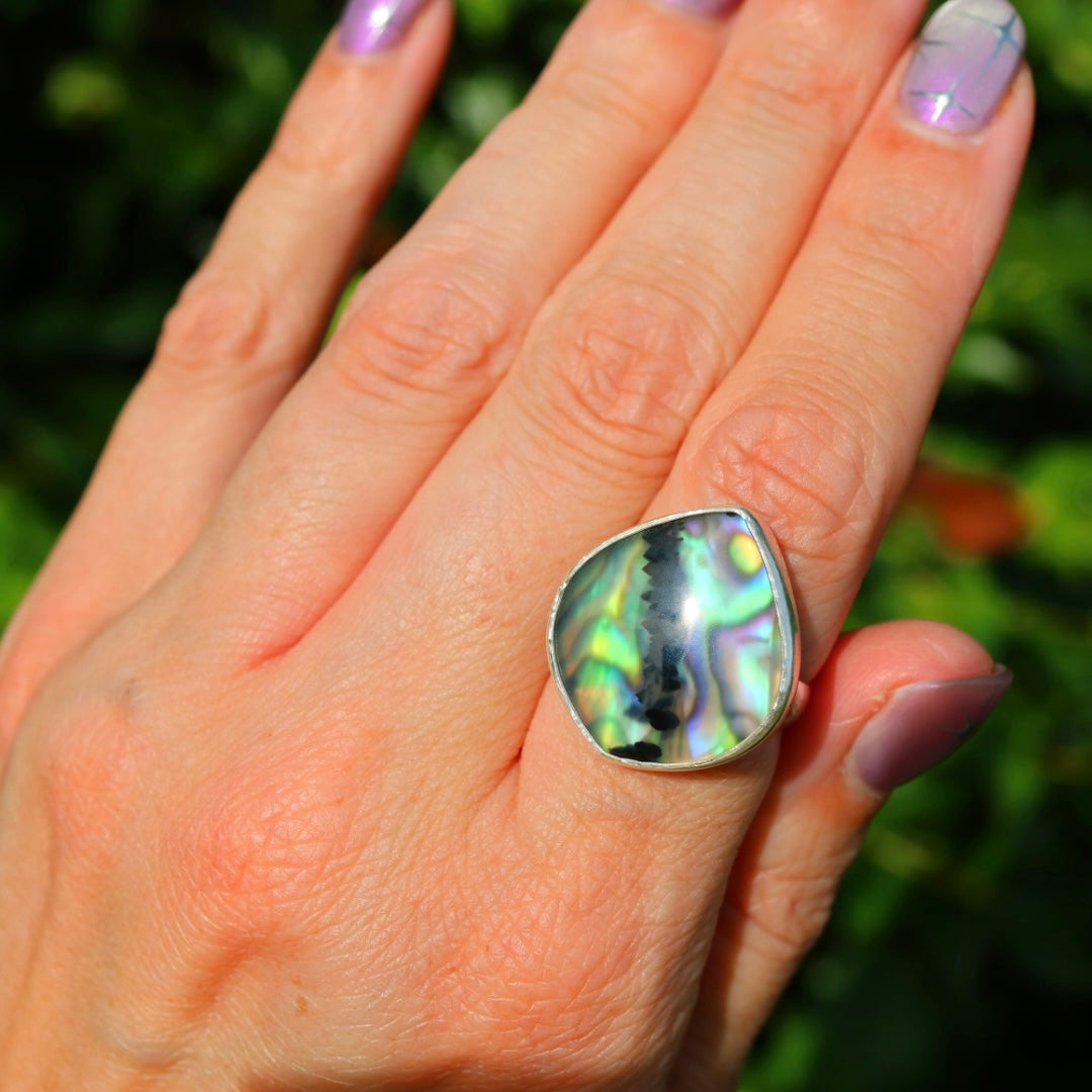 Montana Agate & New Zealand Abalone Ring | Iridsecent Rainbow Ring | Size 7.75
