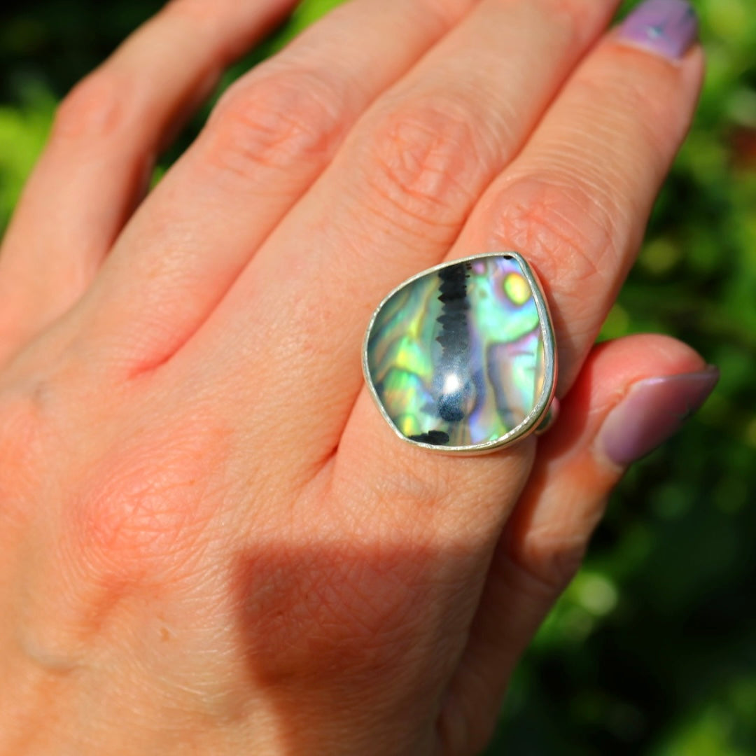 Montana Agate & New Zealand Abalone Ring | Iridsecent Rainbow Ring | Size 7.75