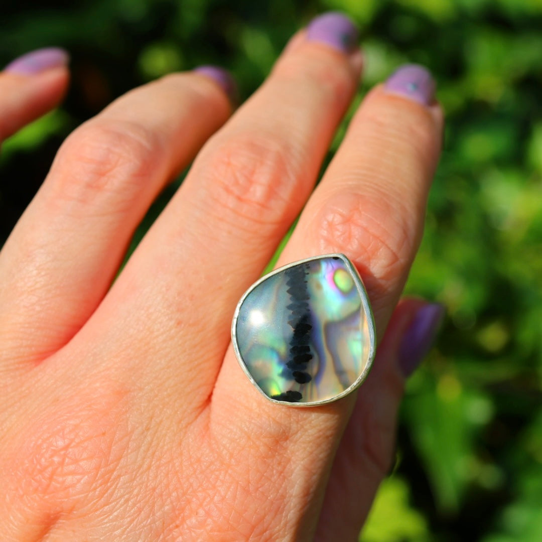 Montana Agate & New Zealand Abalone Ring | Iridsecent Rainbow Ring | Size 7.75