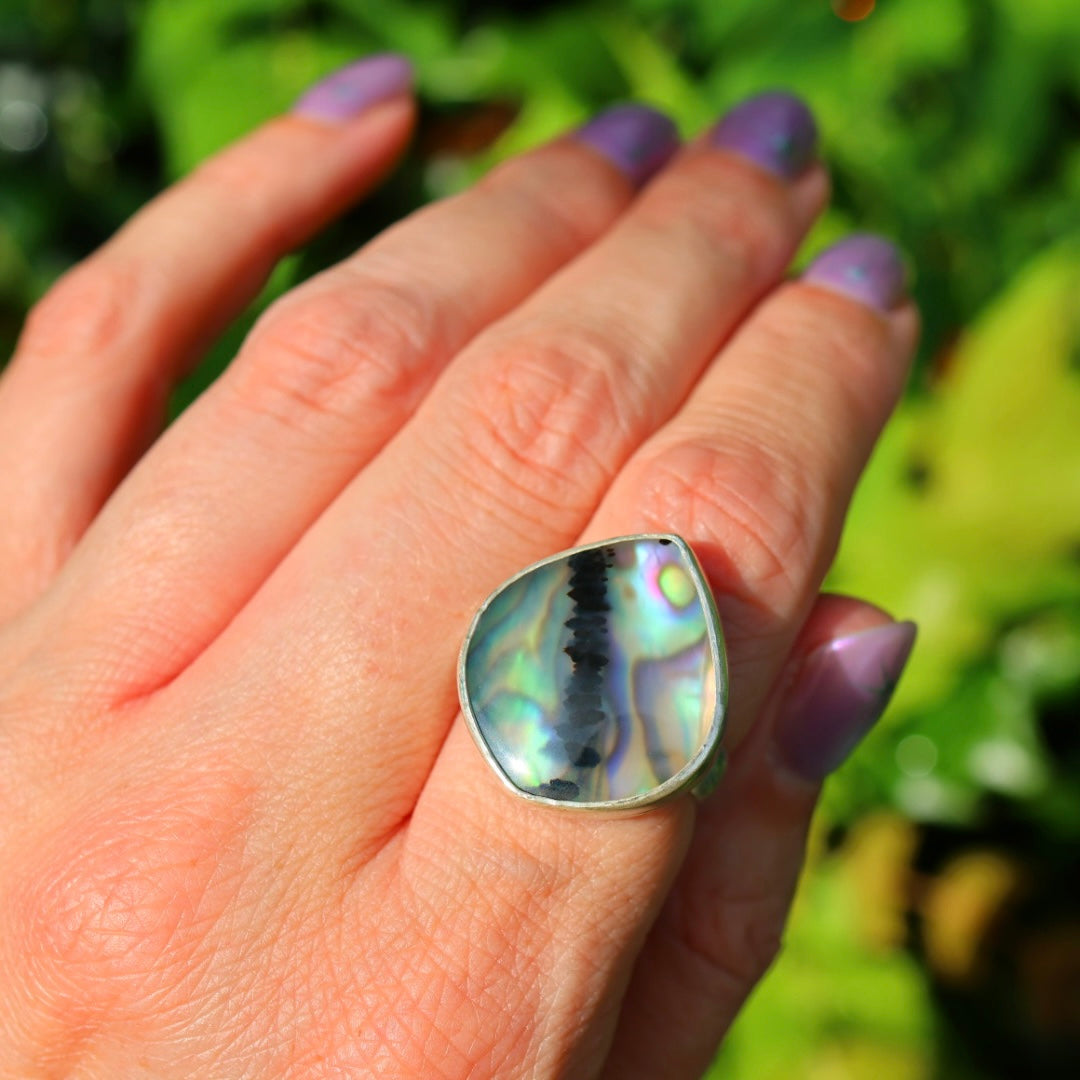 Montana Agate & New Zealand Abalone Ring | Iridsecent Rainbow Ring | Size 7.75