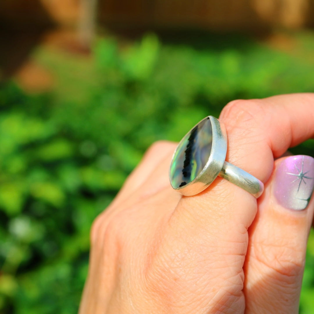 Montana Agate & New Zealand Abalone Ring | Iridsecent Rainbow Ring | Size 7.75