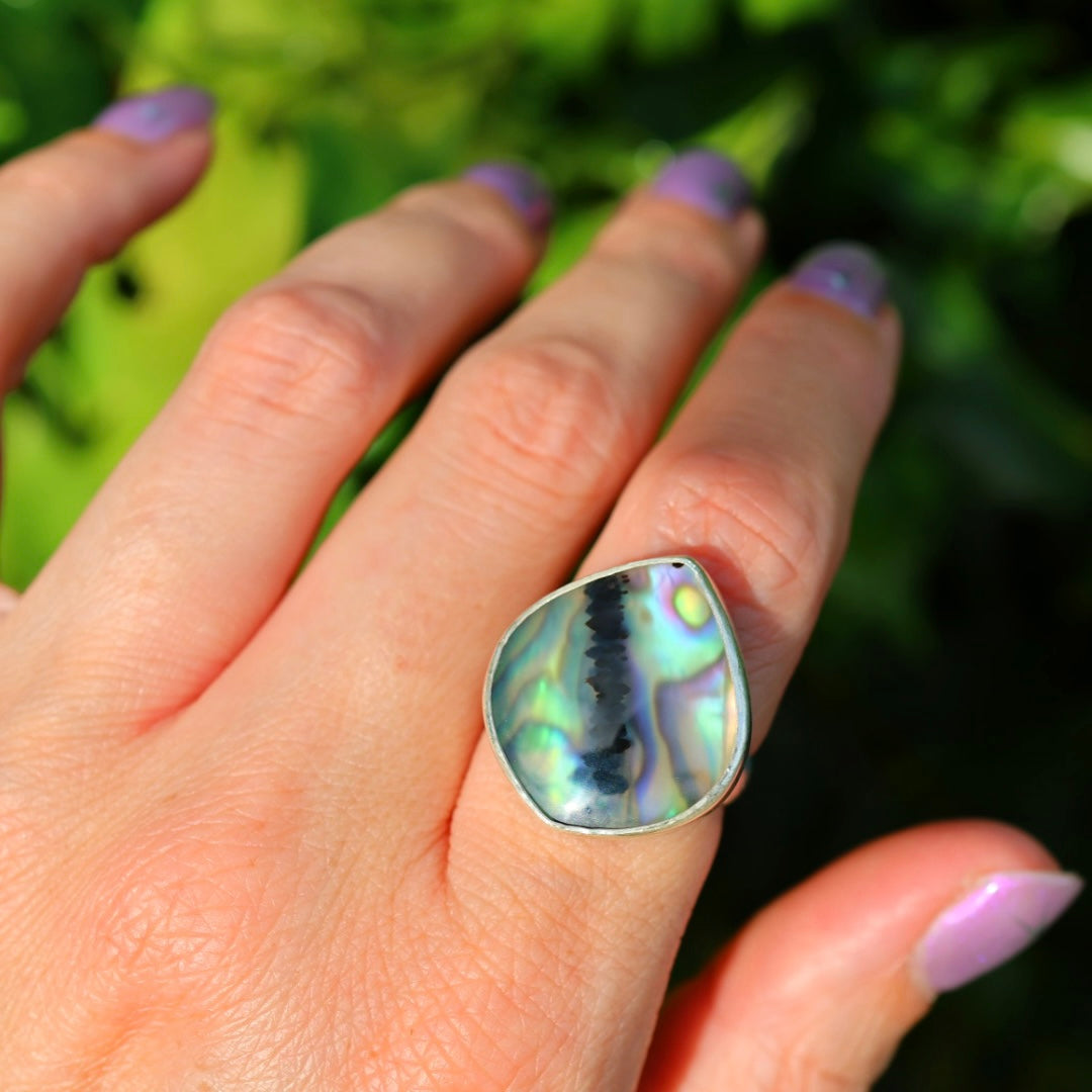 Montana Agate & New Zealand Abalone Ring | Iridsecent Rainbow Ring | Size 7.75