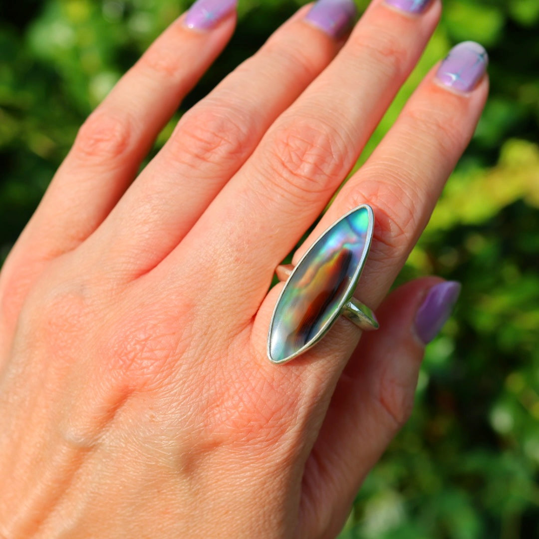 Montana Agate & New Zealand Abalone Ring | Iridescent Rainbow Ring | Size 8.25