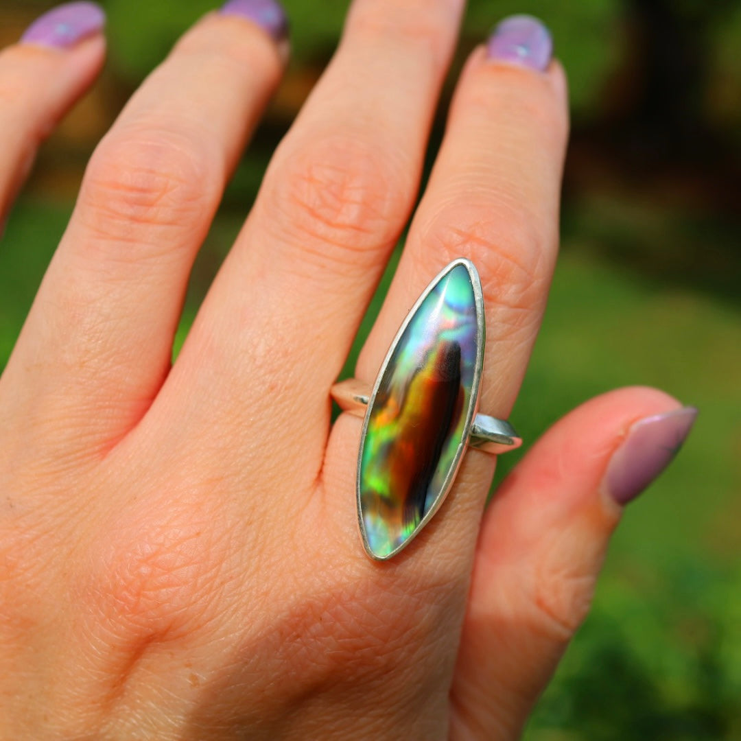 Montana Agate & New Zealand Abalone Ring | Iridescent Rainbow Ring | Size 8.25