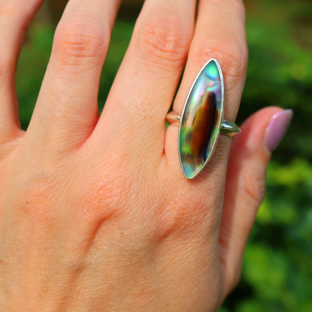 Montana Agate & New Zealand Abalone Ring | Iridescent Rainbow Ring | Size 8.25
