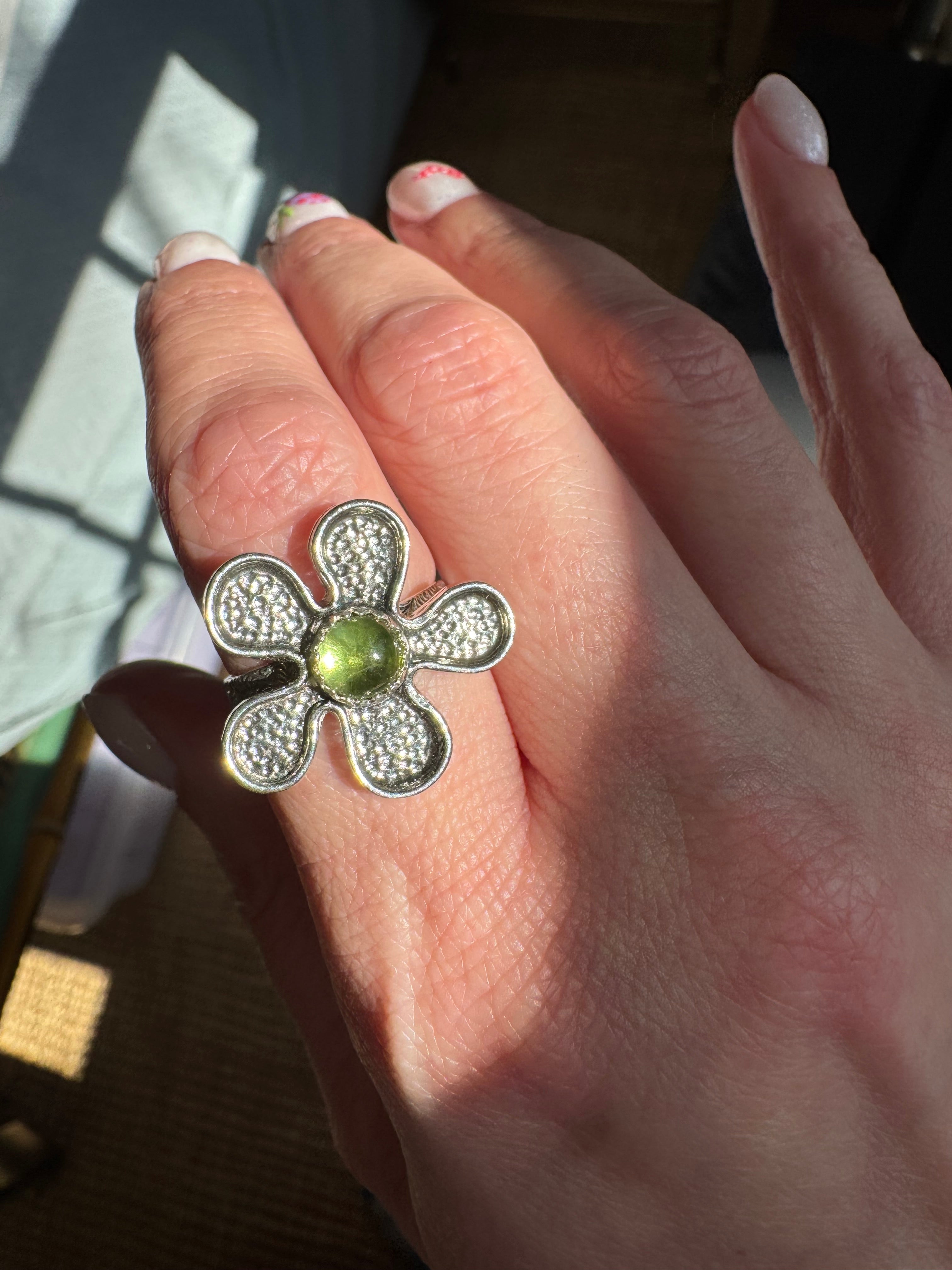 Sterling Silver Flower Ring with Peridot
