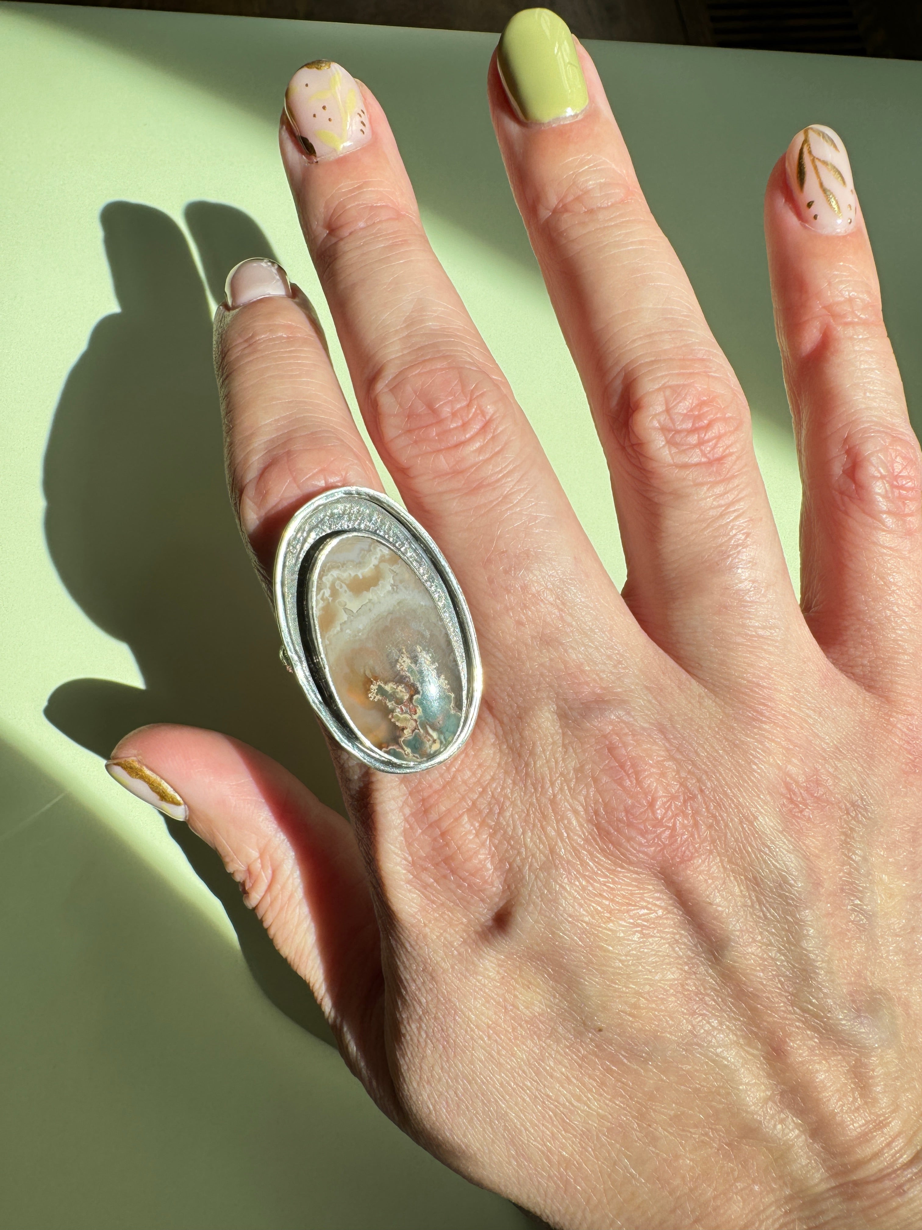 Prudent Man Plume Ring in Sterling Silver | Agate Statement Ring Size 9 — One of a Kind