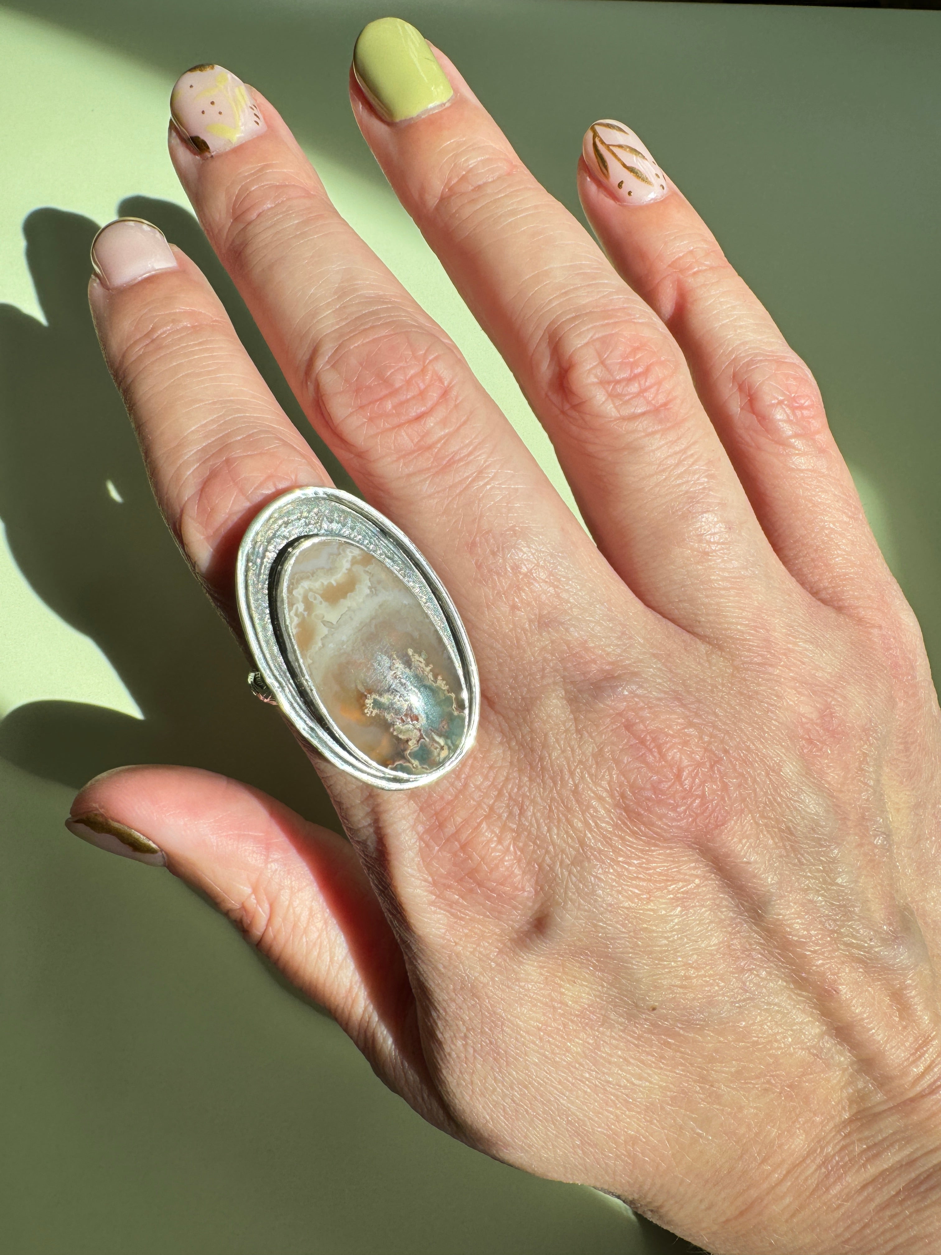 Prudent Man Plume Ring in Sterling Silver | Agate Statement Ring Size 9 — One of a Kind