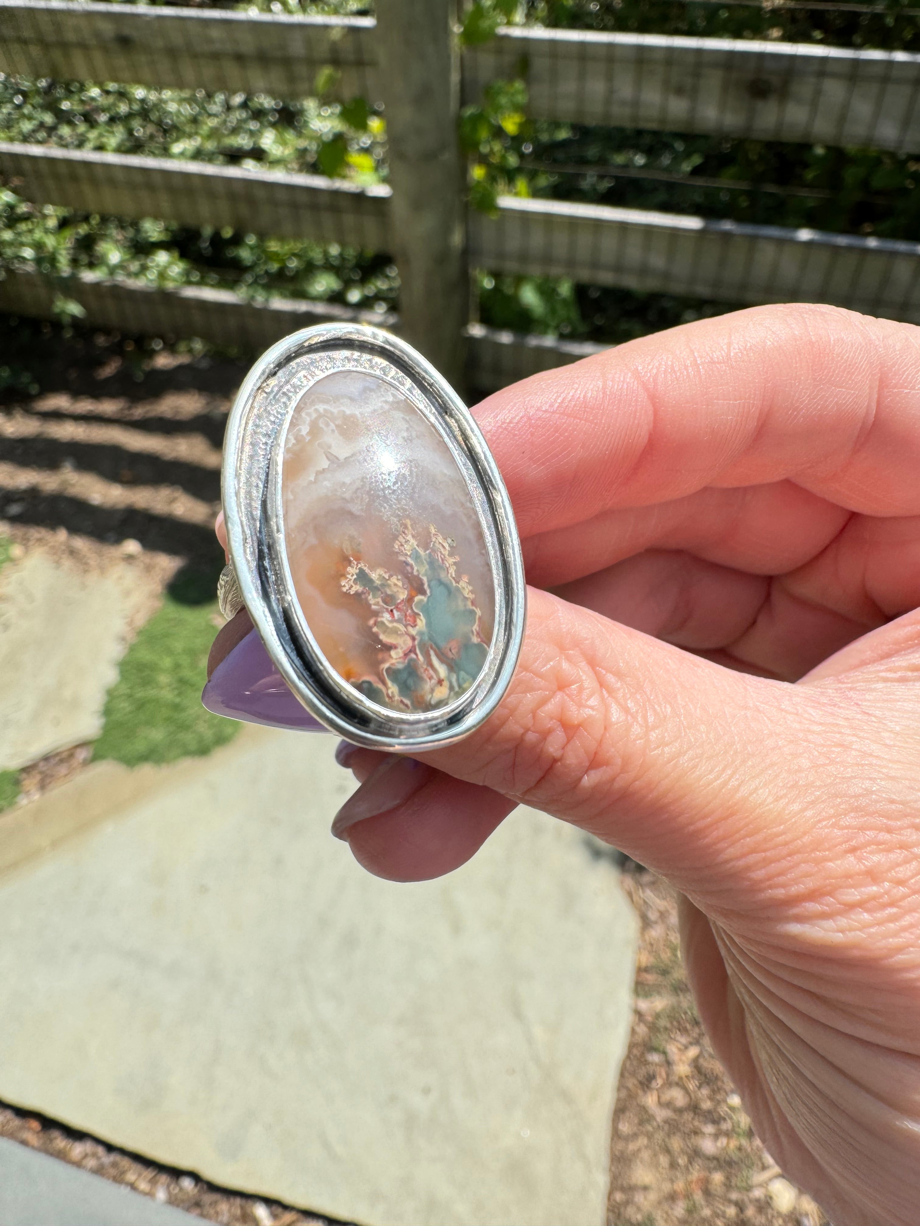 Prudent Man Plume Ring in Sterling Silver | Agate Statement Ring Size 9 — One of a Kind