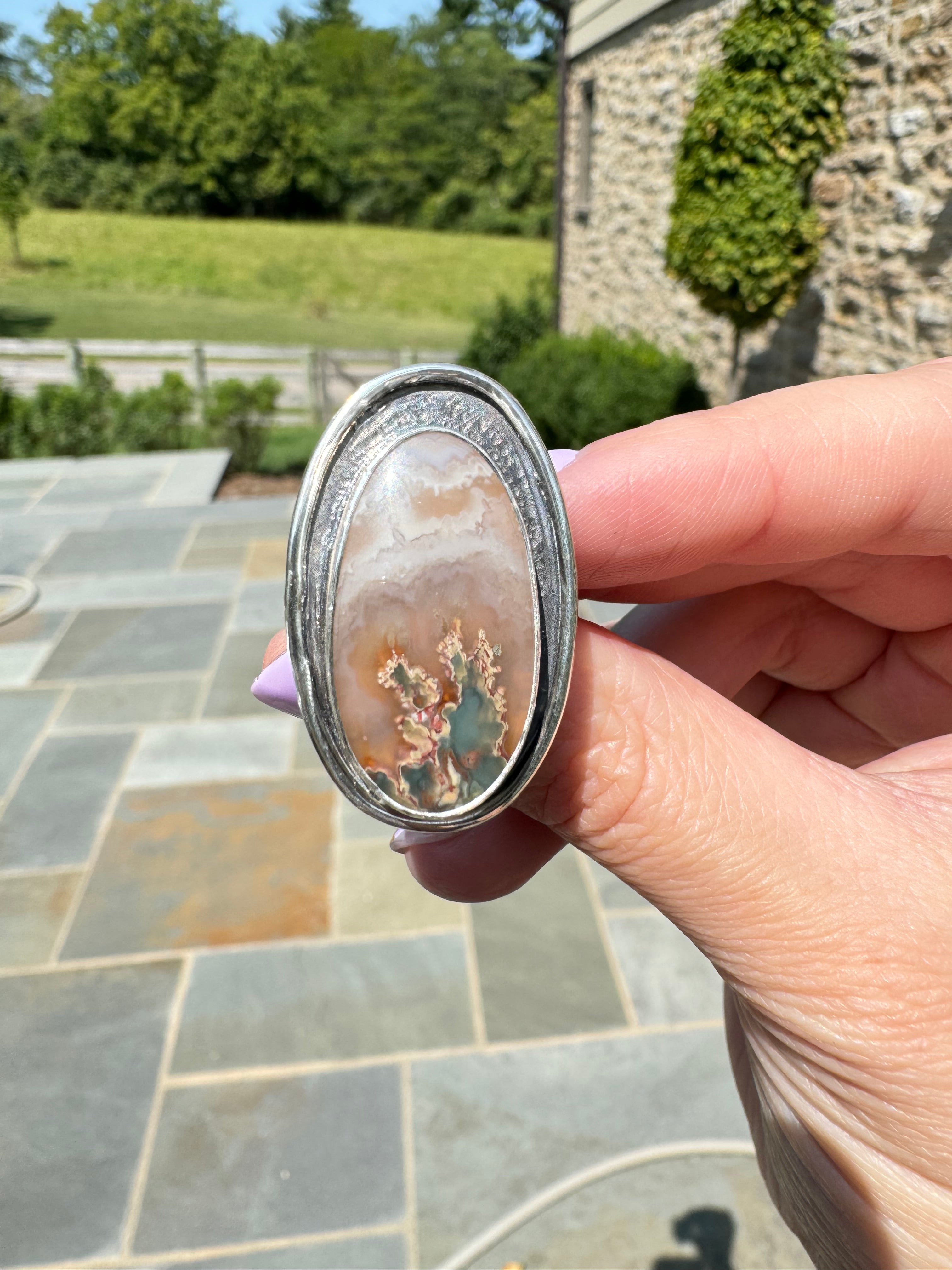Prudent Man Plume Ring in Sterling Silver | Agate Statement Ring Size 9 — One of a Kind