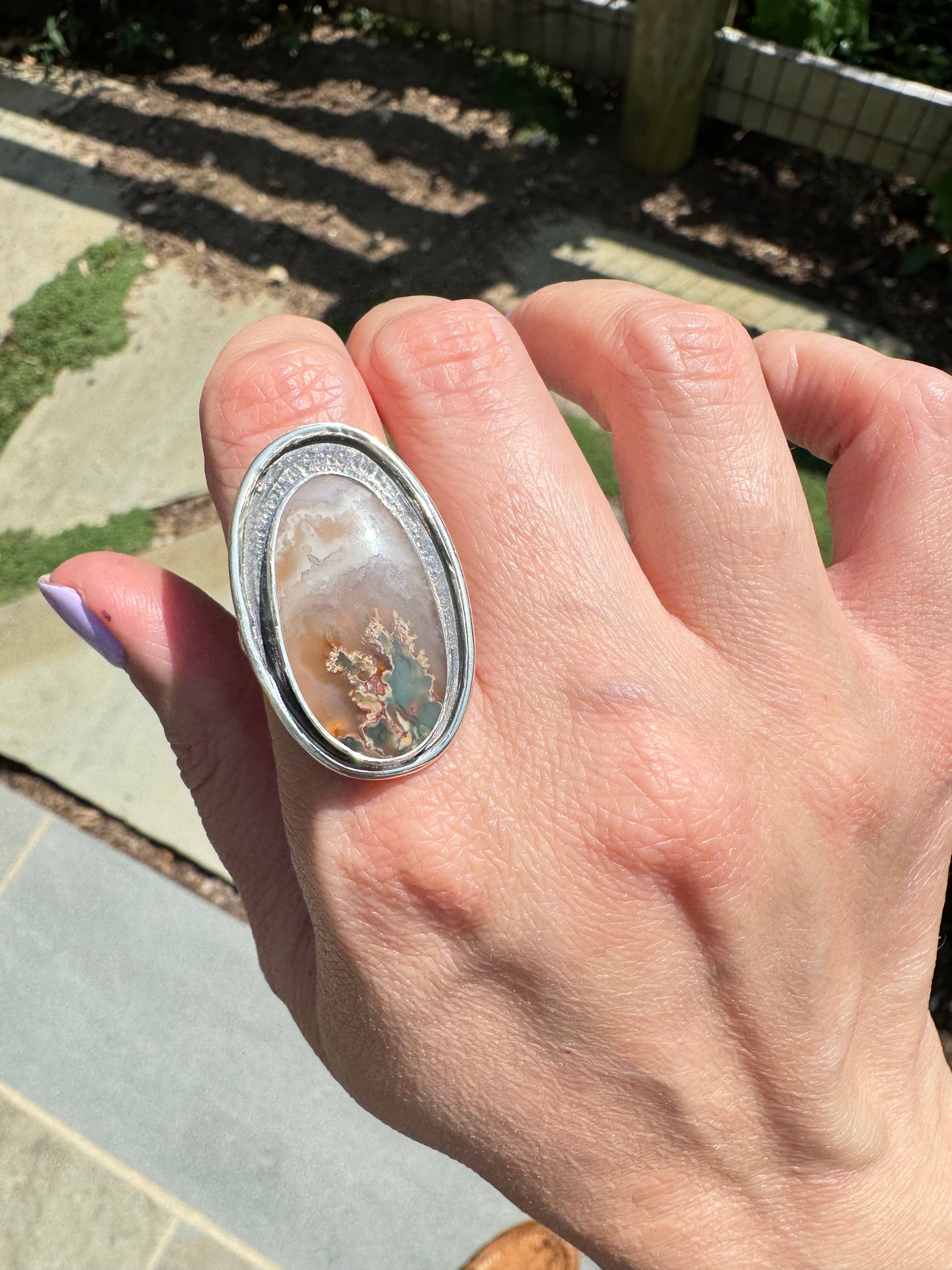 Prudent Man Plume Ring in Sterling Silver | Agate Statement Ring Size 9 — One of a Kind