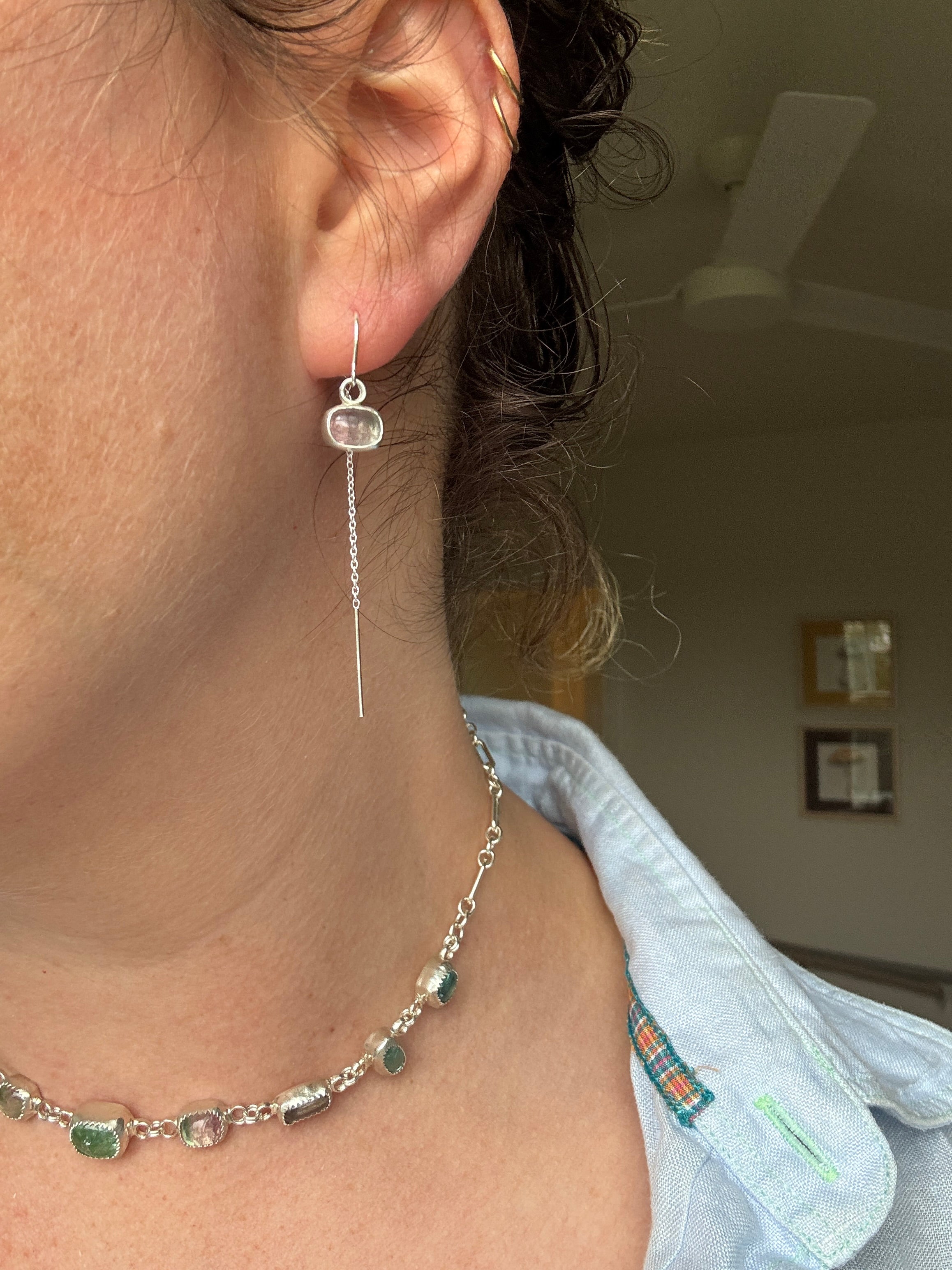 Sterling silver ear threaders with beautiful purple pink tourmaline.