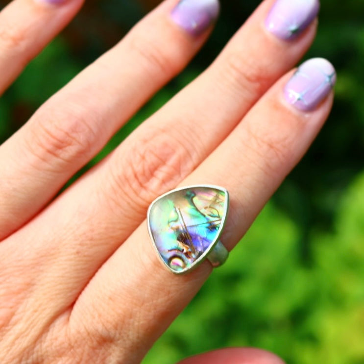 Rutile Quartz & New Zealand Abalone Ring | Iridsecent Rainbow Ring | Size 7.5