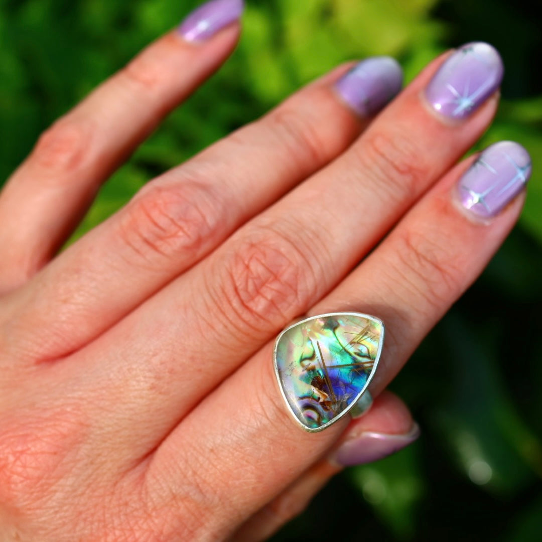 Rutile Quartz & New Zealand Abalone Ring | Iridsecent Rainbow Ring | Size 7.5