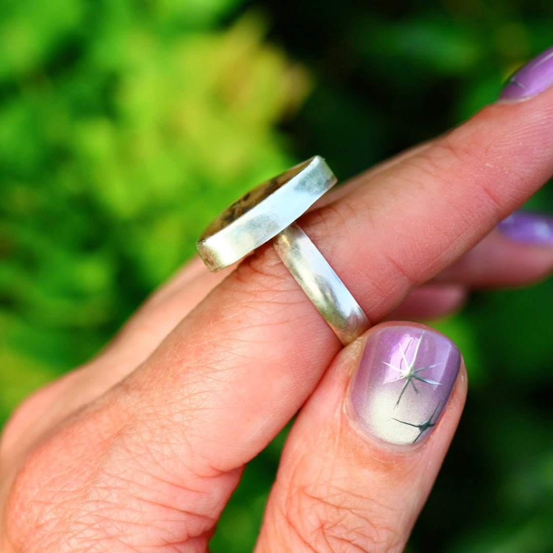 Rutile Quartz & New Zealand Abalone Ring | Iridsecent Rainbow Ring | Size 7.5