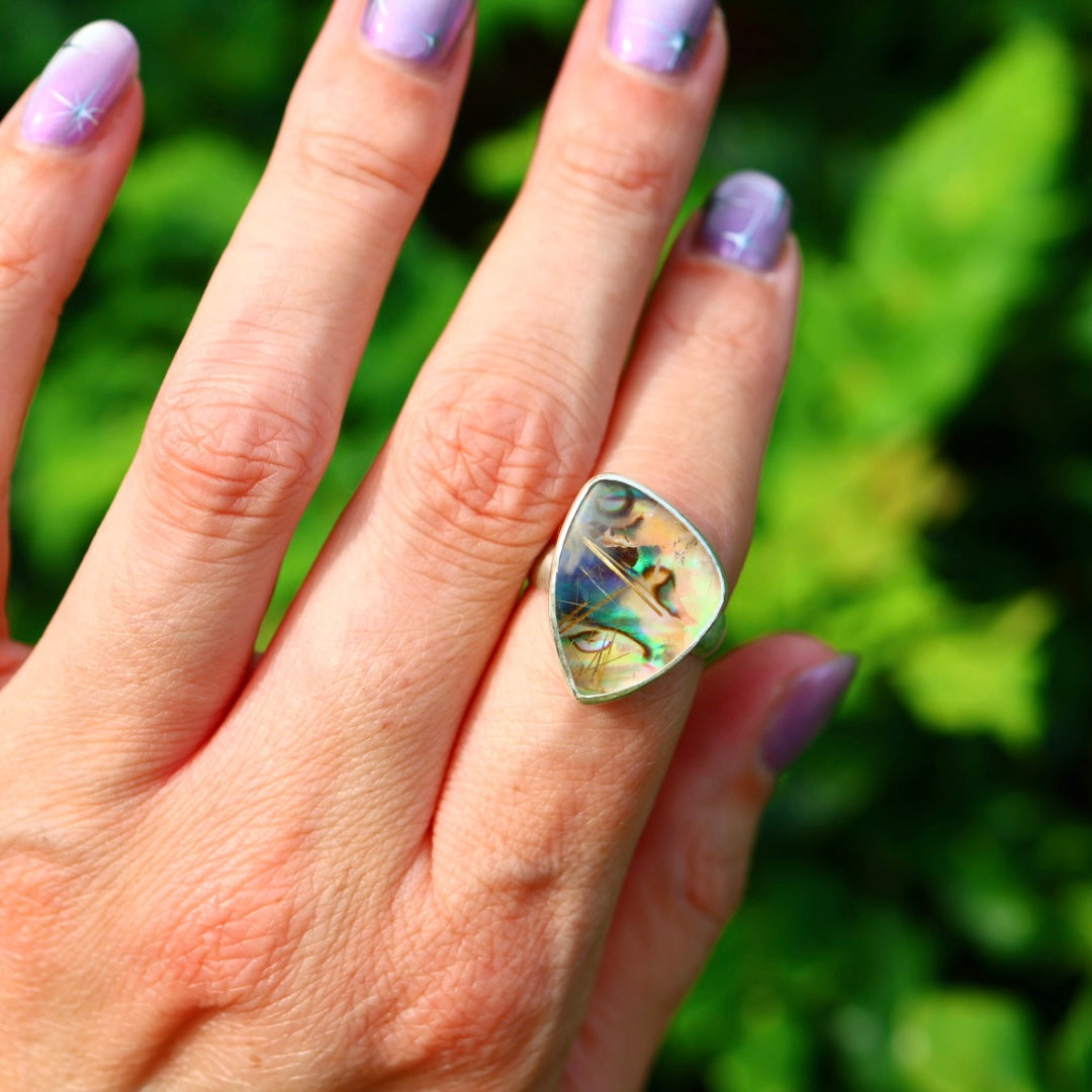 Rutile Quartz & New Zealand Abalone Ring | Iridsecent Rainbow Ring | Size 7.5