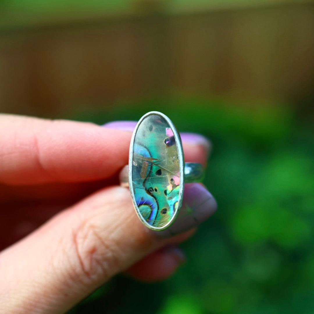 Rutile Quartz & New Zealand Abalone Ring | Iridsecent Rainbow Ring | Size 6.5