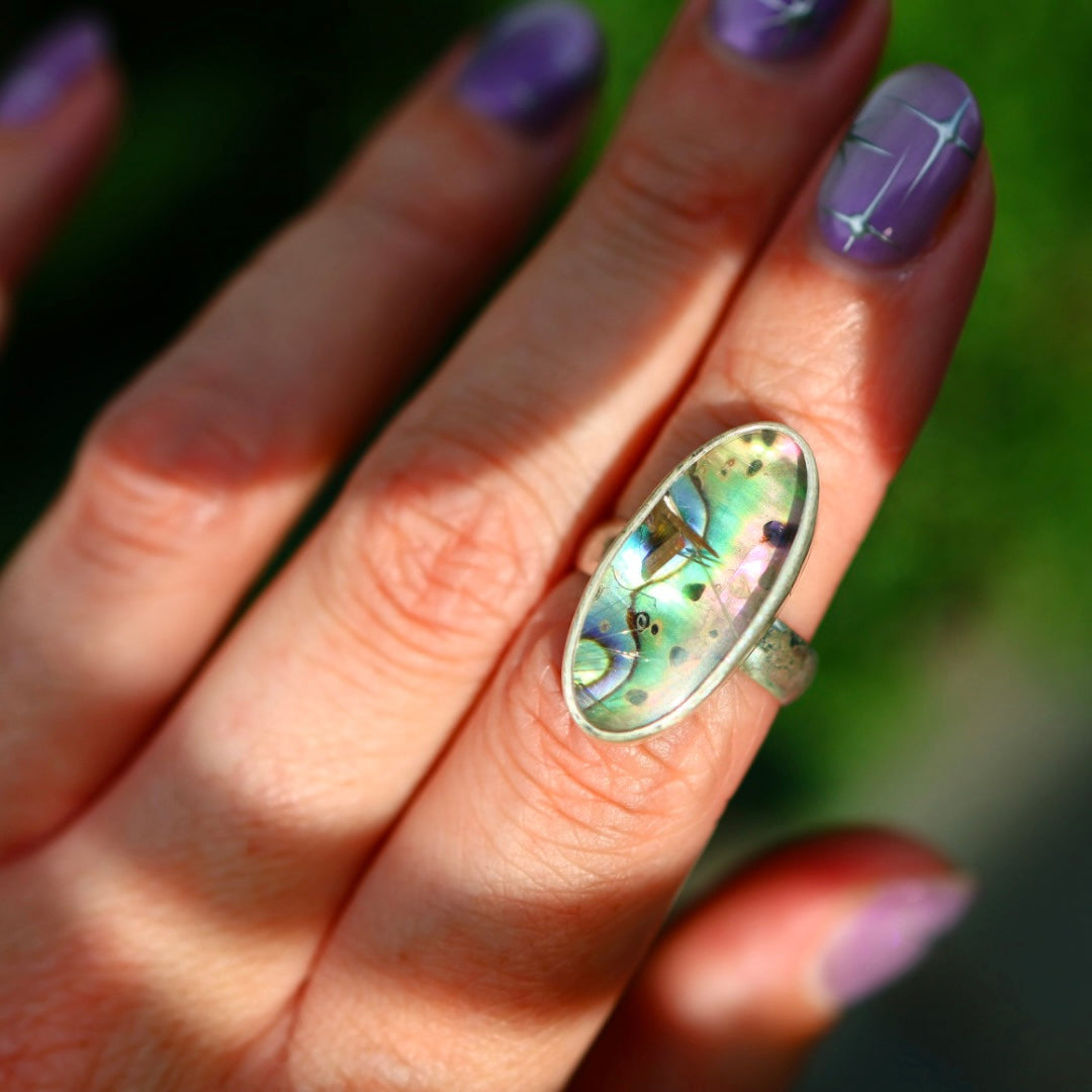 Rutile Quartz & New Zealand Abalone Ring | Iridsecent Rainbow Ring | Size 6.5
