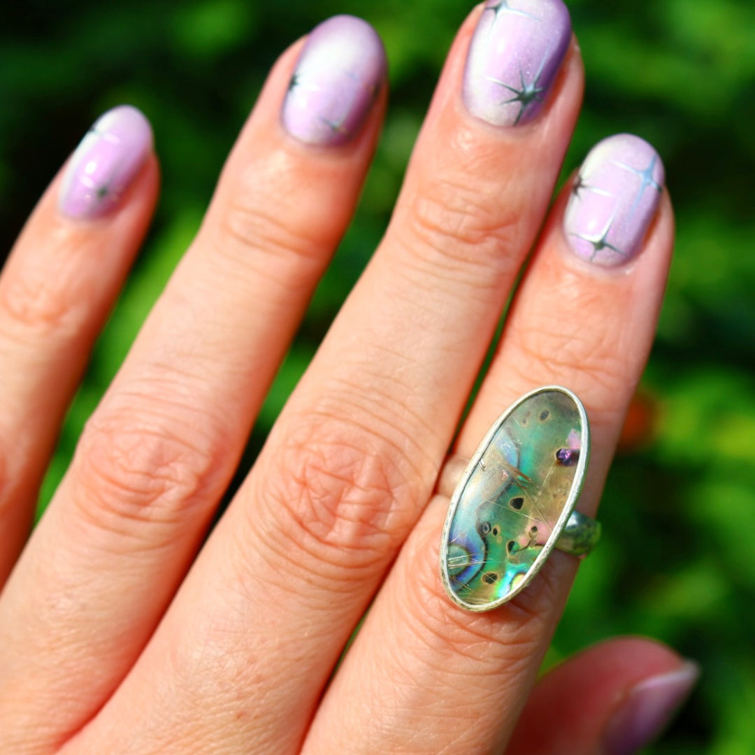 Rutile Quartz & New Zealand Abalone Ring | Iridsecent Rainbow Ring | Size 6.5