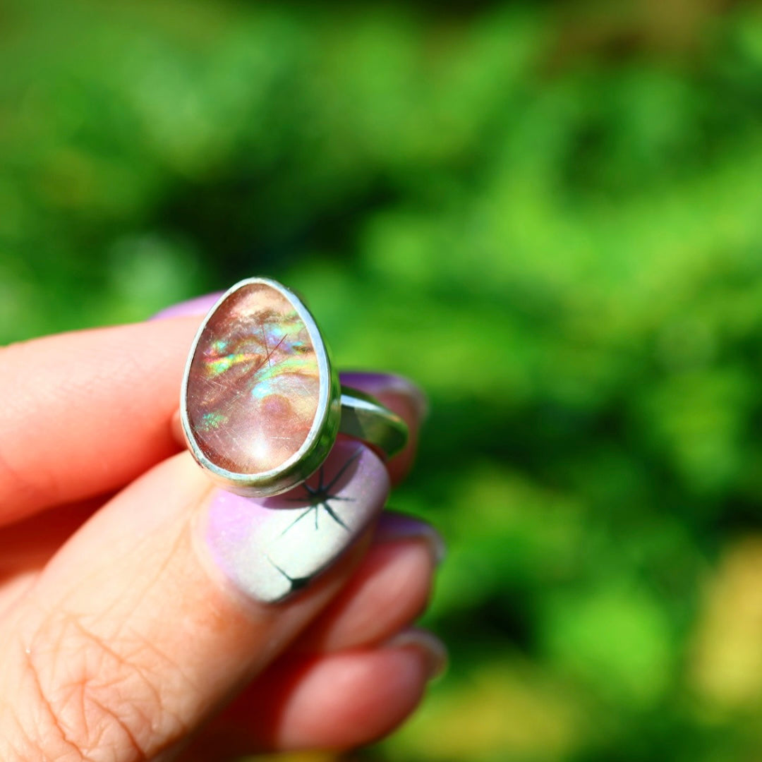 Rutile Quartz & New Zealand Abalone Ring | Statement Pinky Ring | Size 3.5-4