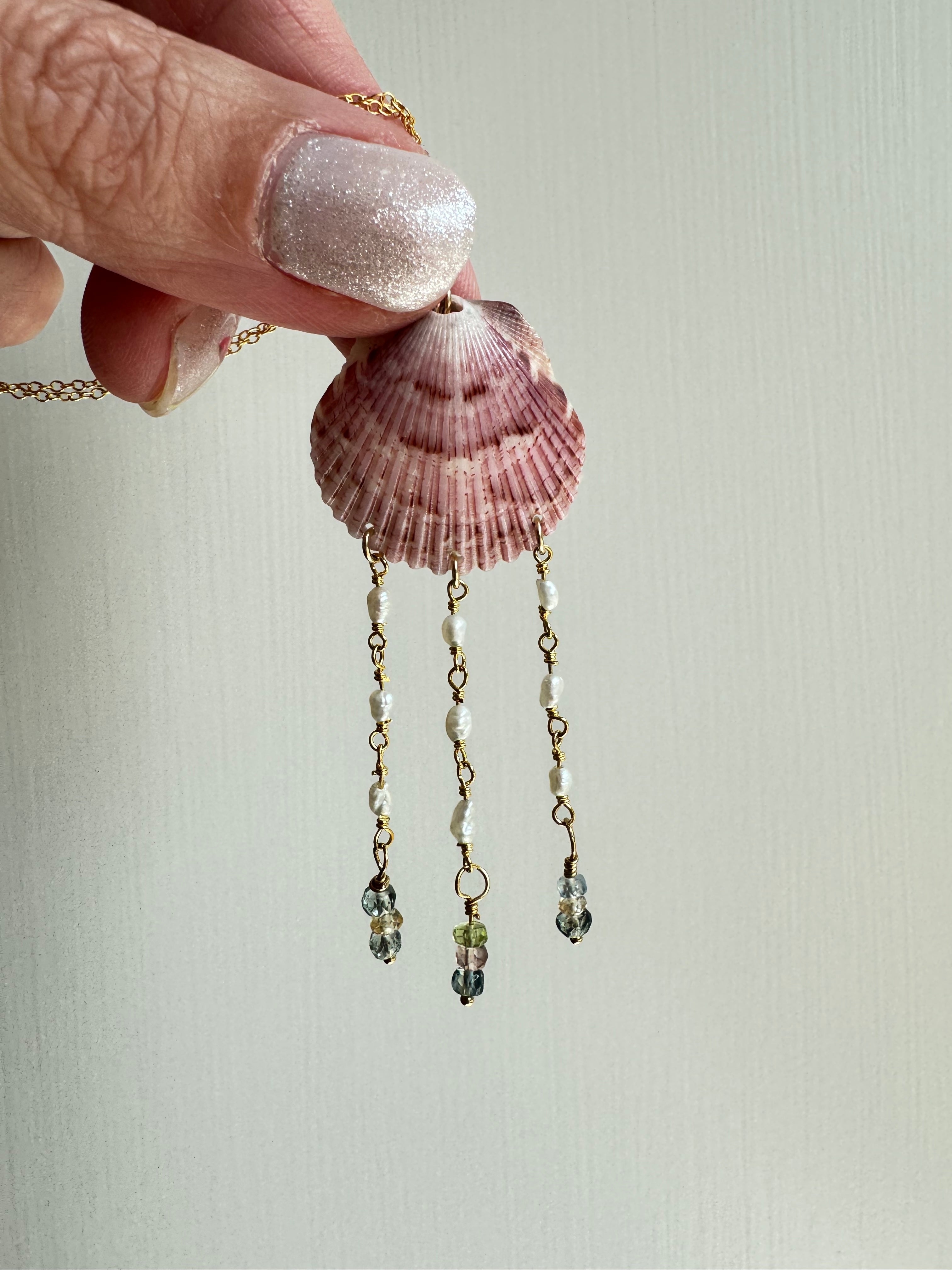 Pink Shell Necklace with Pearl and Sapphire
