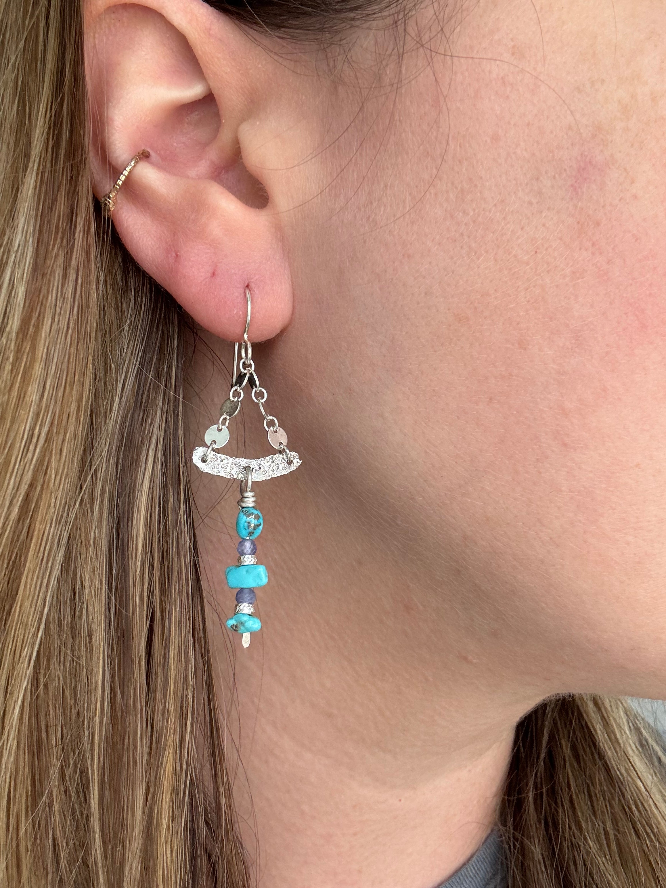 Sterling, Turquoise, and Tanzanite Chain Earrings