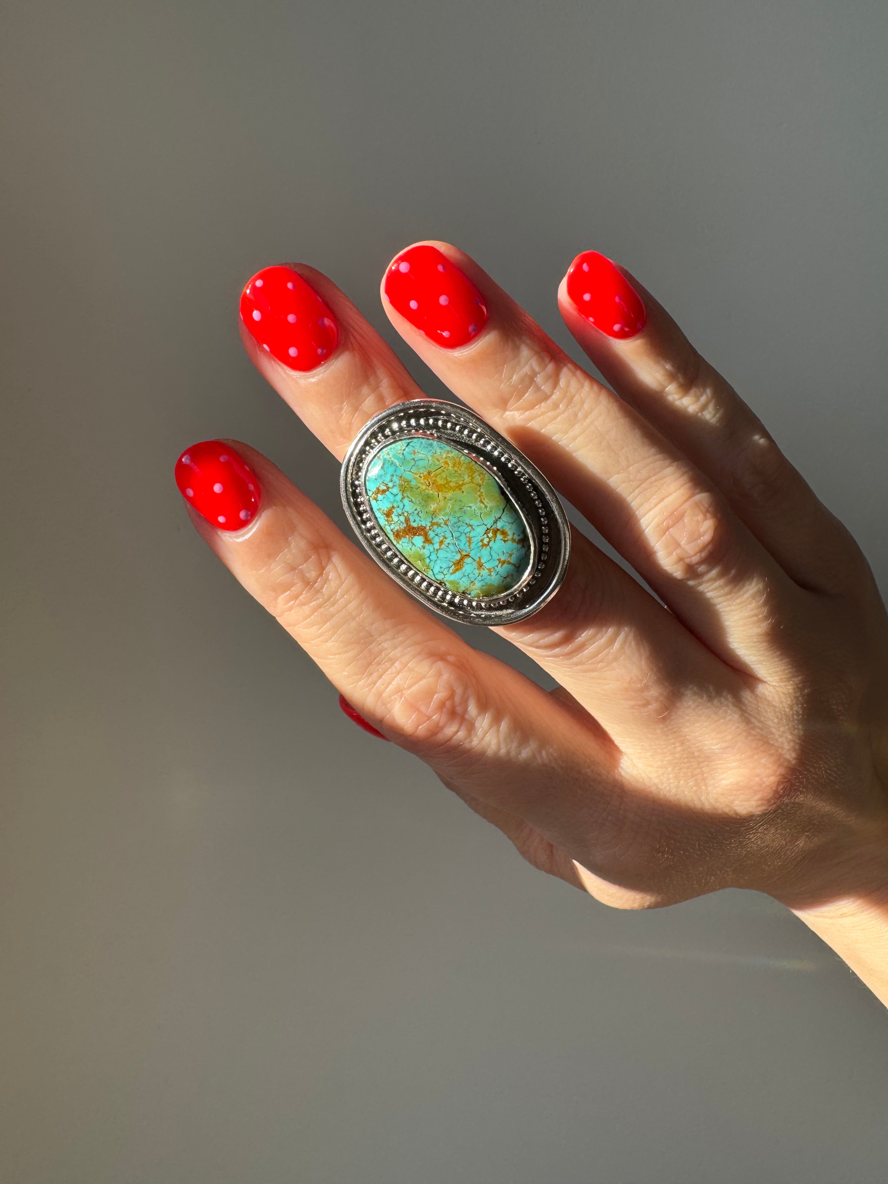 Turquoise Statement Ring in Sterling Silver | Decorative Sterling Border — Size 5, One of a Kind