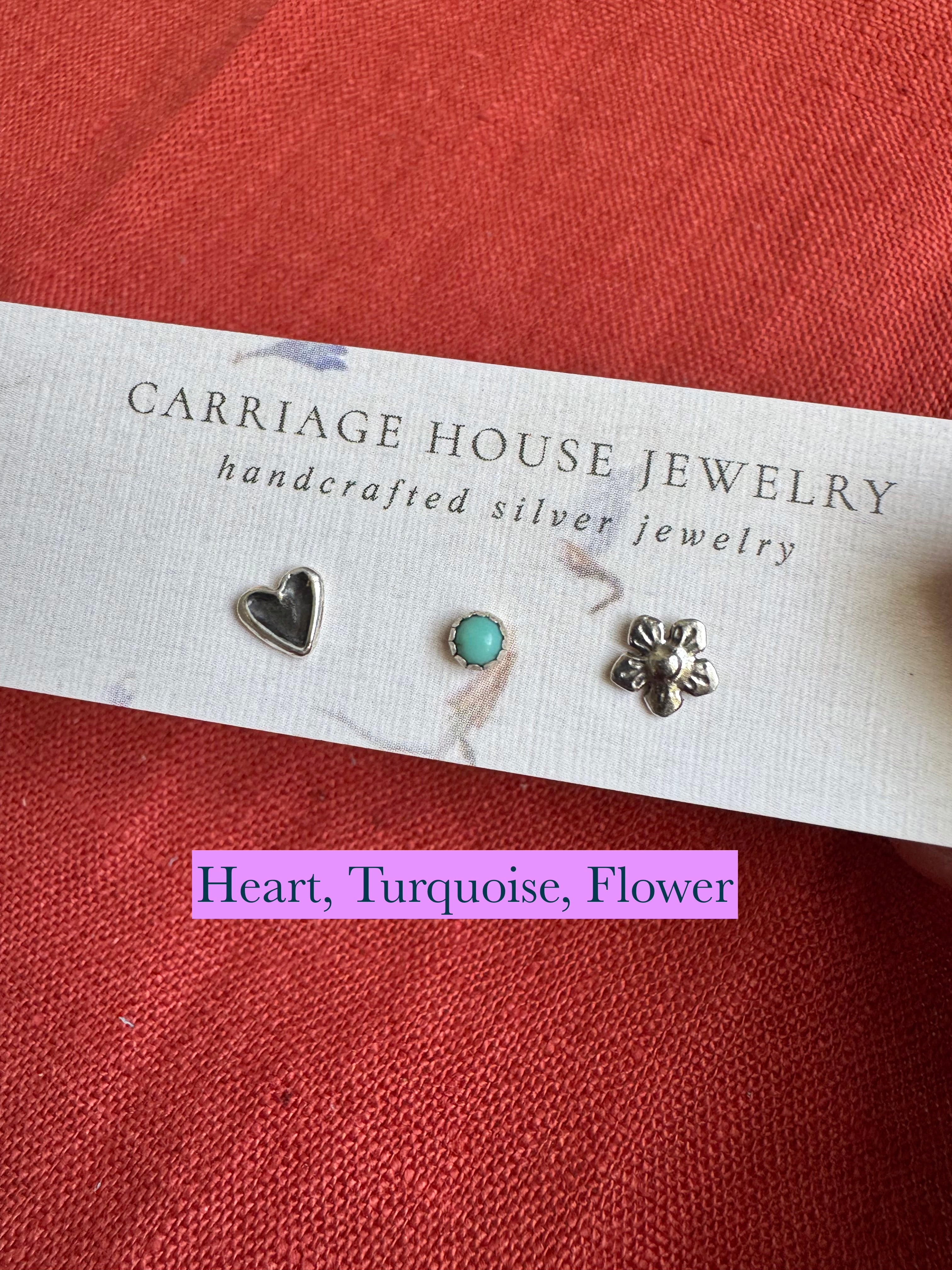 sterling silver heart, turquoise, and sterling silver flower mixed stud earrings