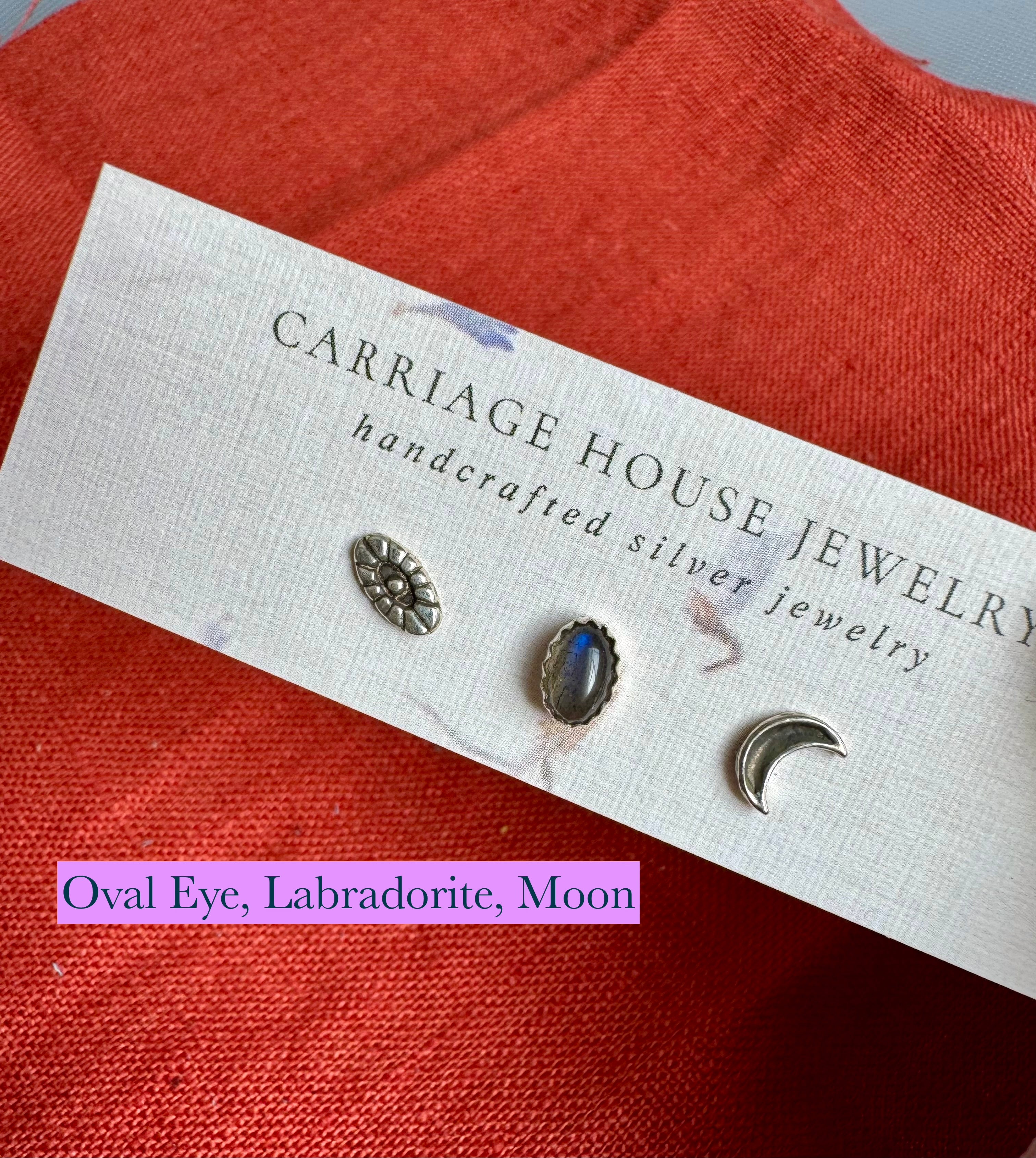 sterling silver oval eye and moon stud earrings with oval labradorite stud