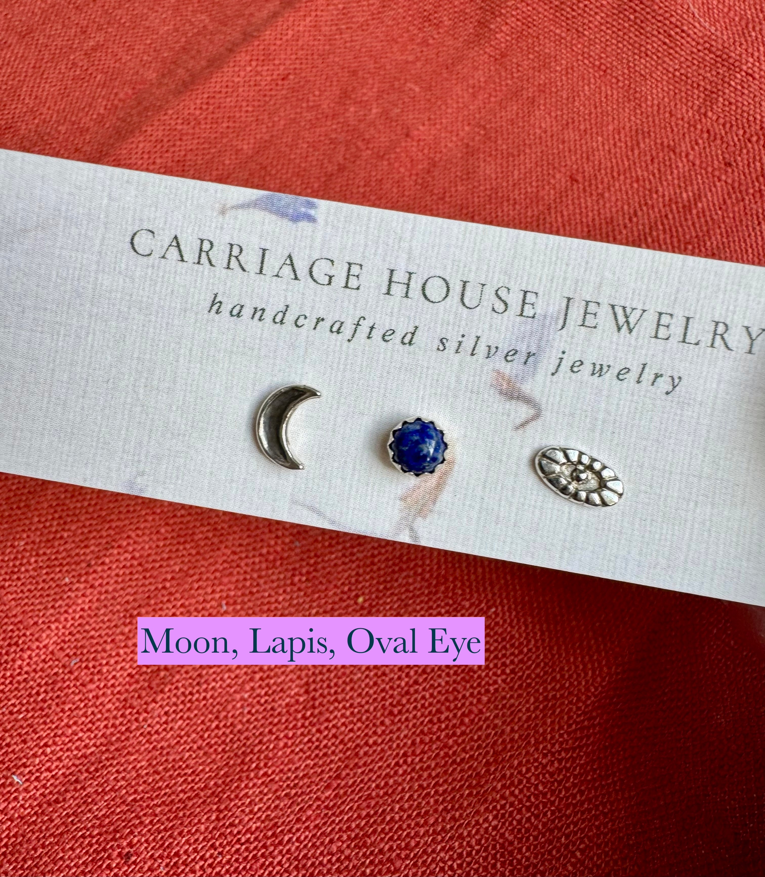 sterling silver moon and oval eye stud earrings with lapis stud