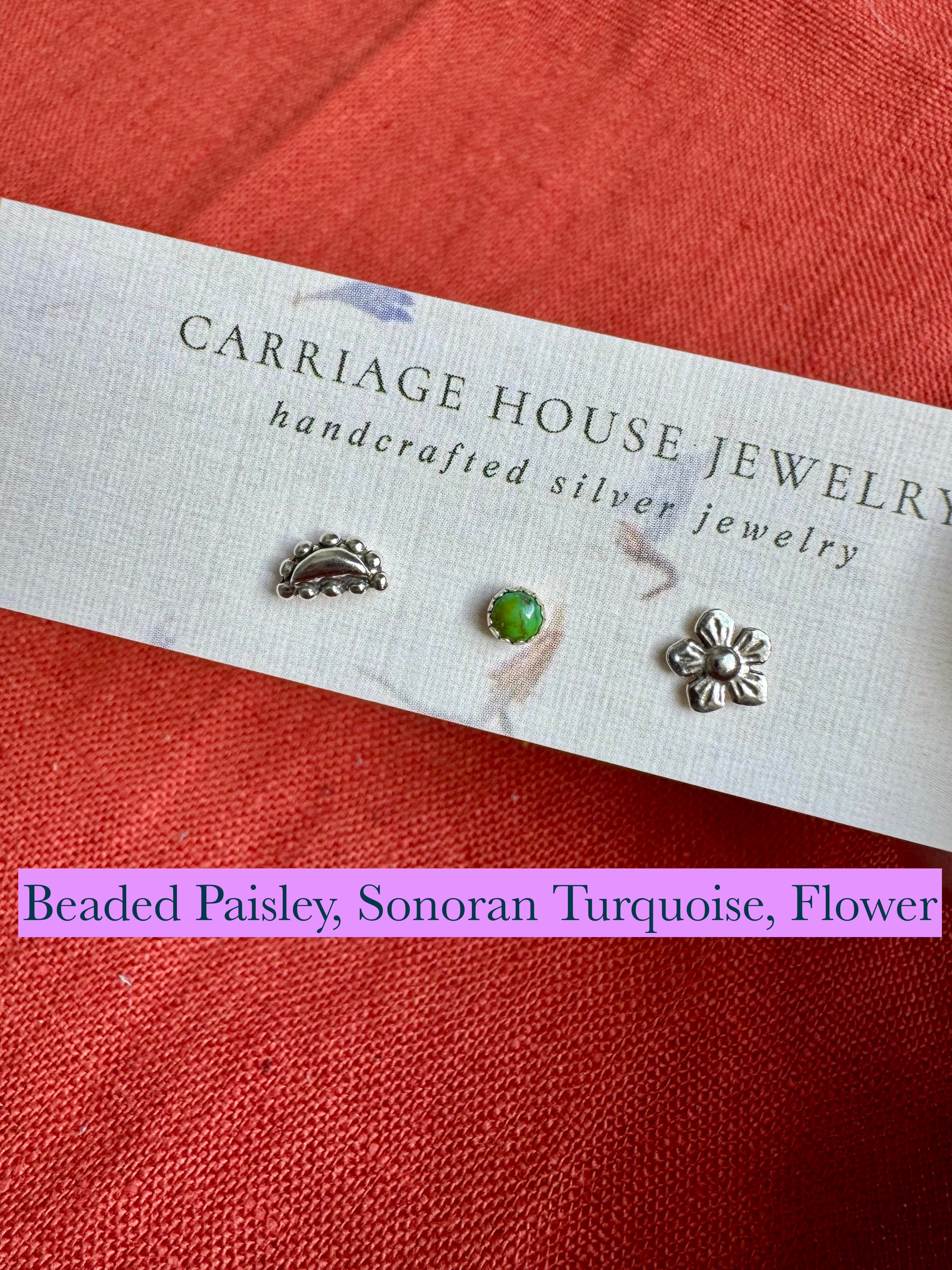 sterling silver beaded paisley-style and flower stud earrings with Sonoran turquoise stud