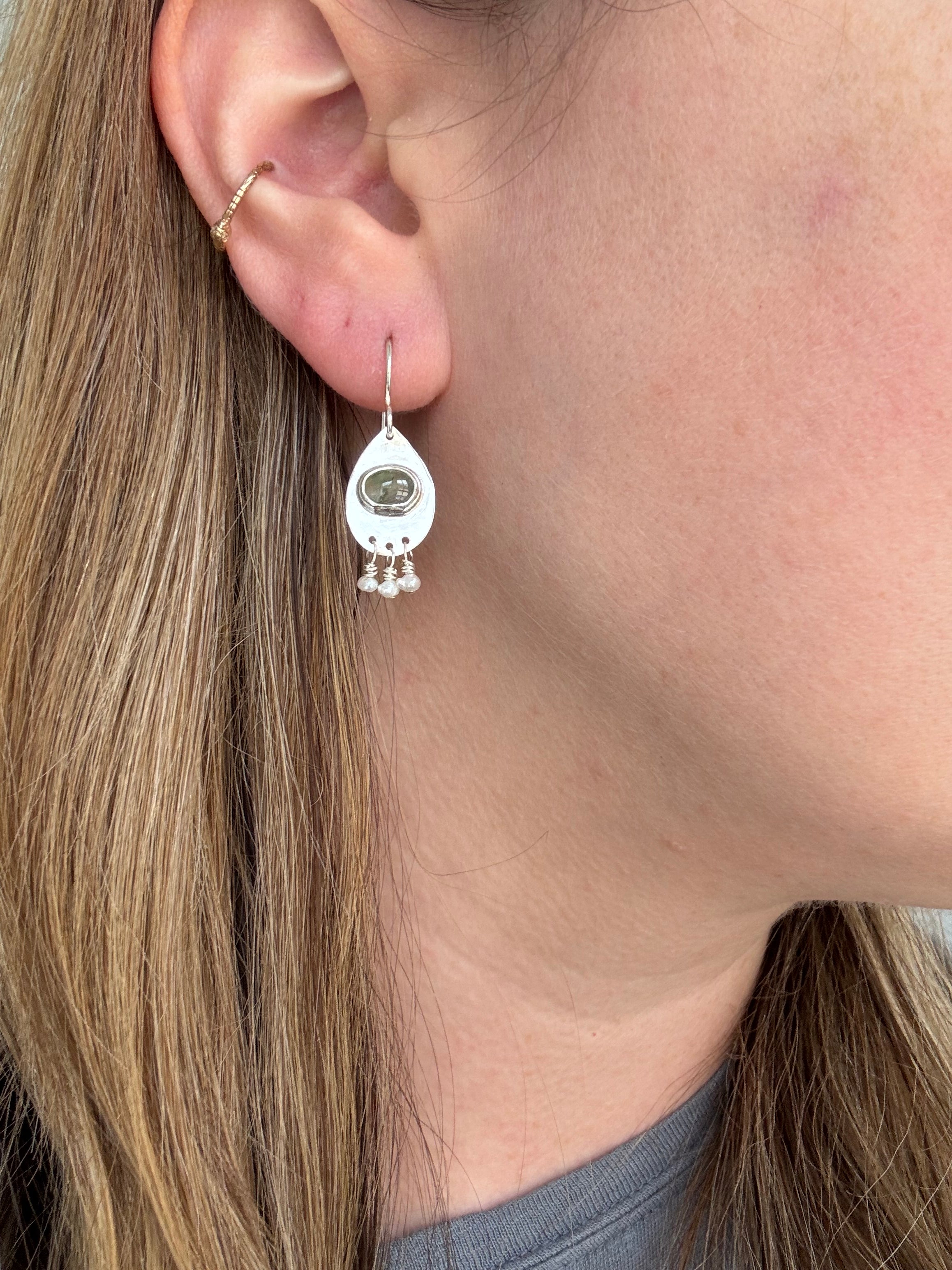 prehnite and seed pearls with sterling silver earrings