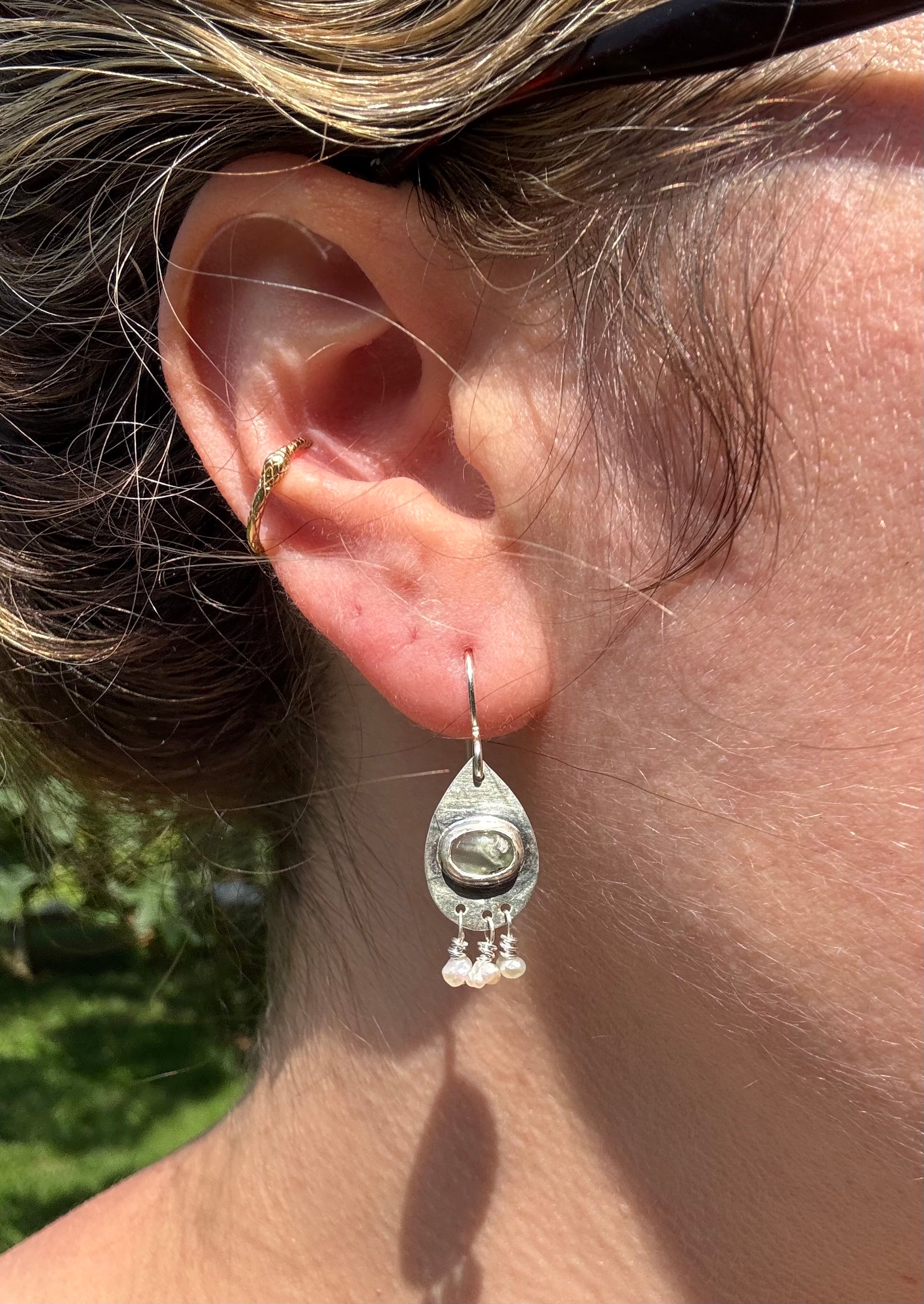 prehnite and seed pearls with sterling silver earrings