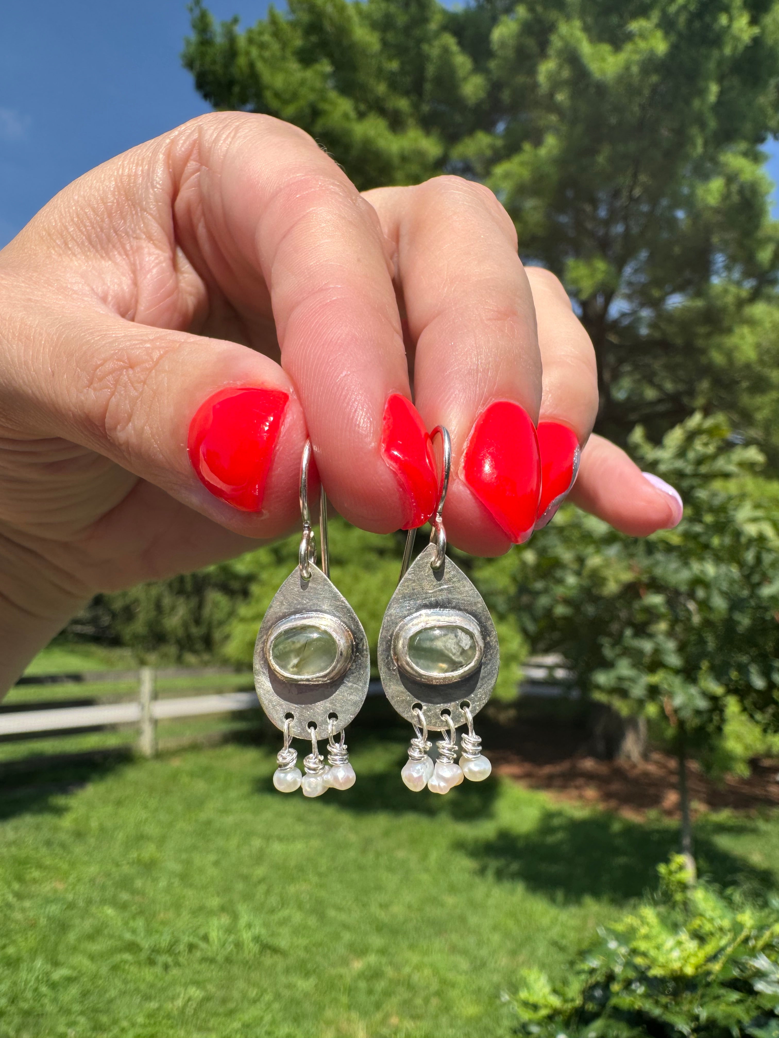 prehnite and seed pearls with sterling silver earrings