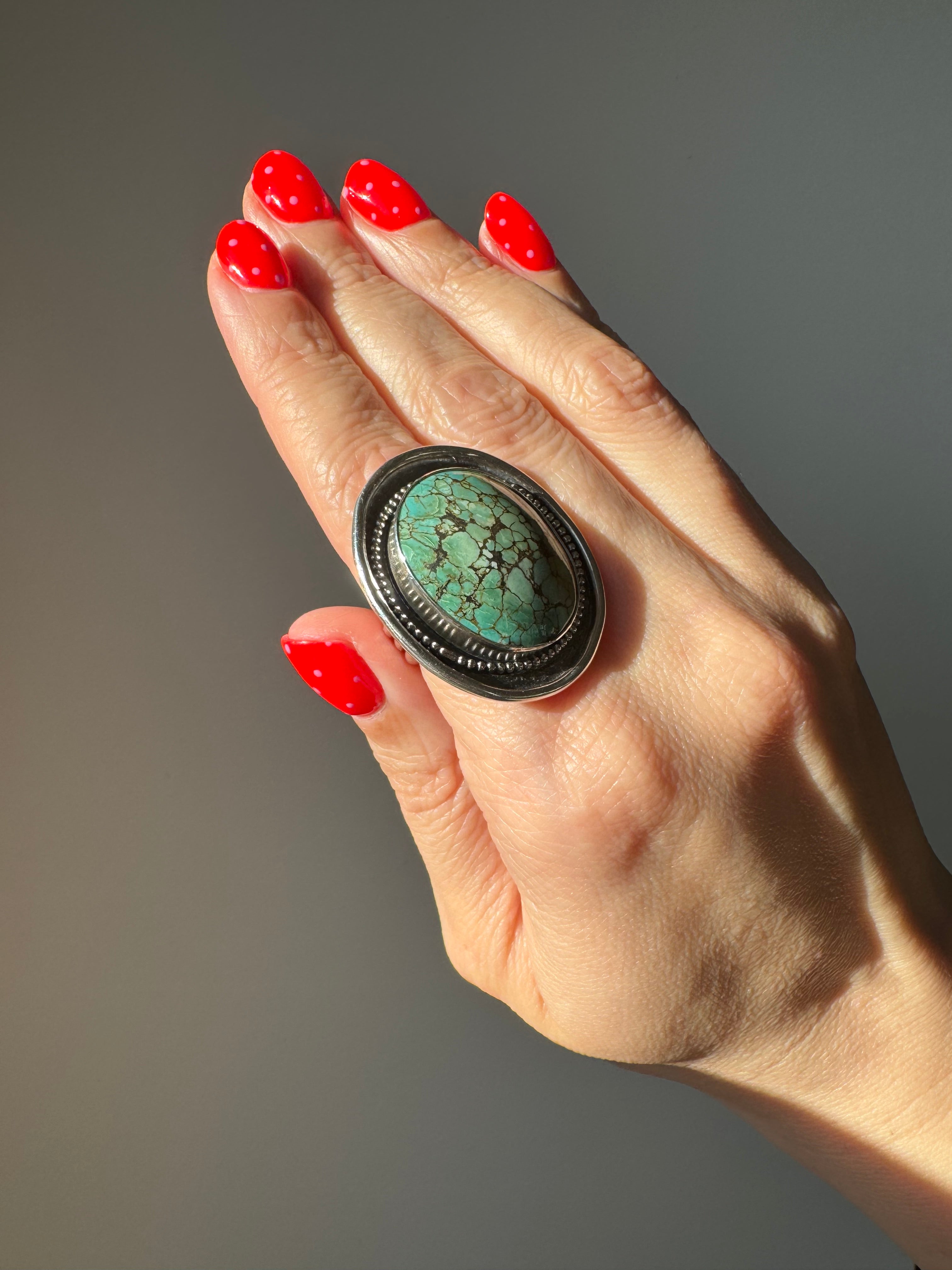 Turquoise Statement Ring in Sterling Silver | Decorative Sterling Border — Ready to Ship, One of a Kind