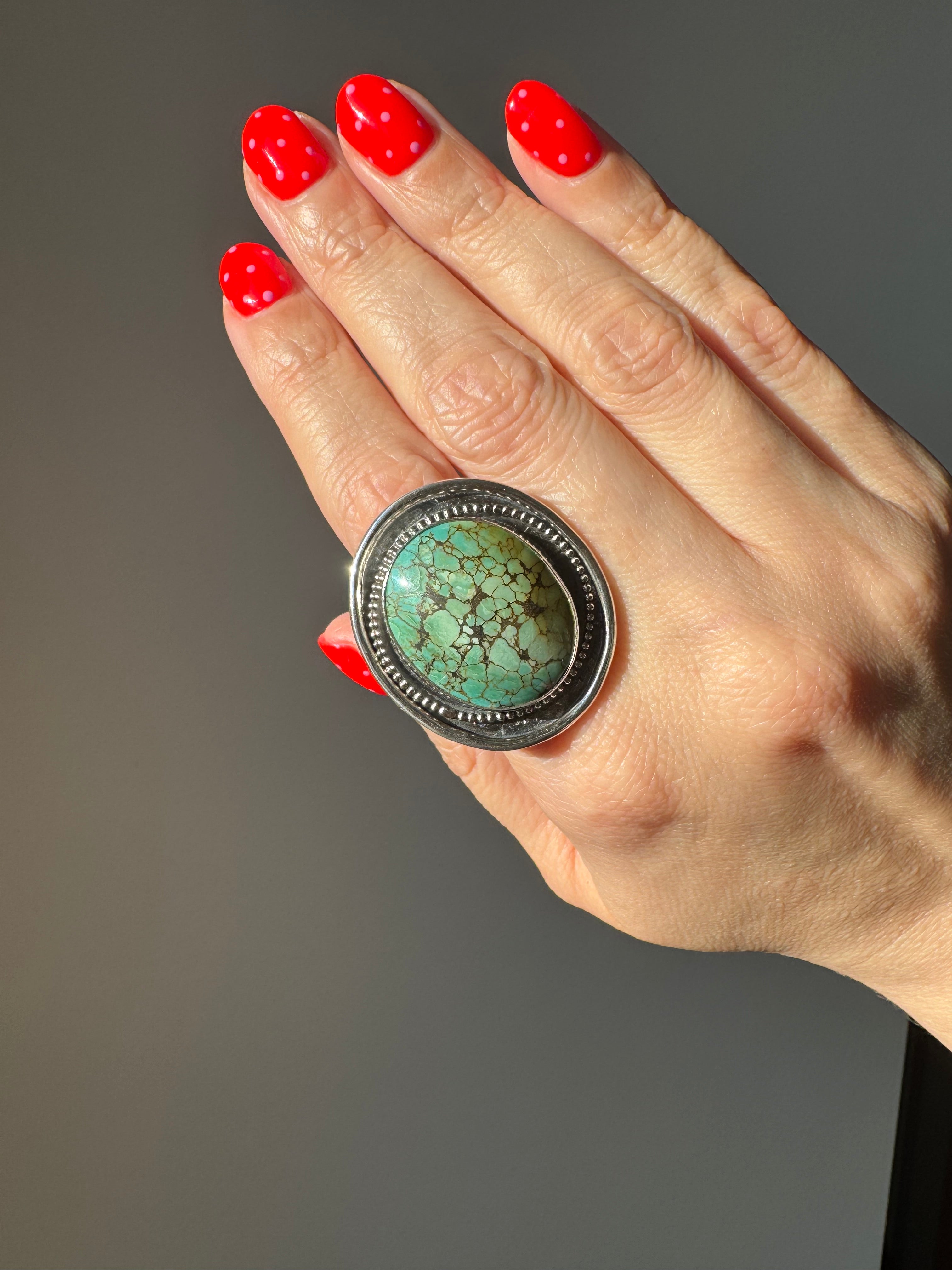 Turquoise Statement Ring in Sterling Silver | Decorative Sterling Border — Ready to Ship, One of a Kind
