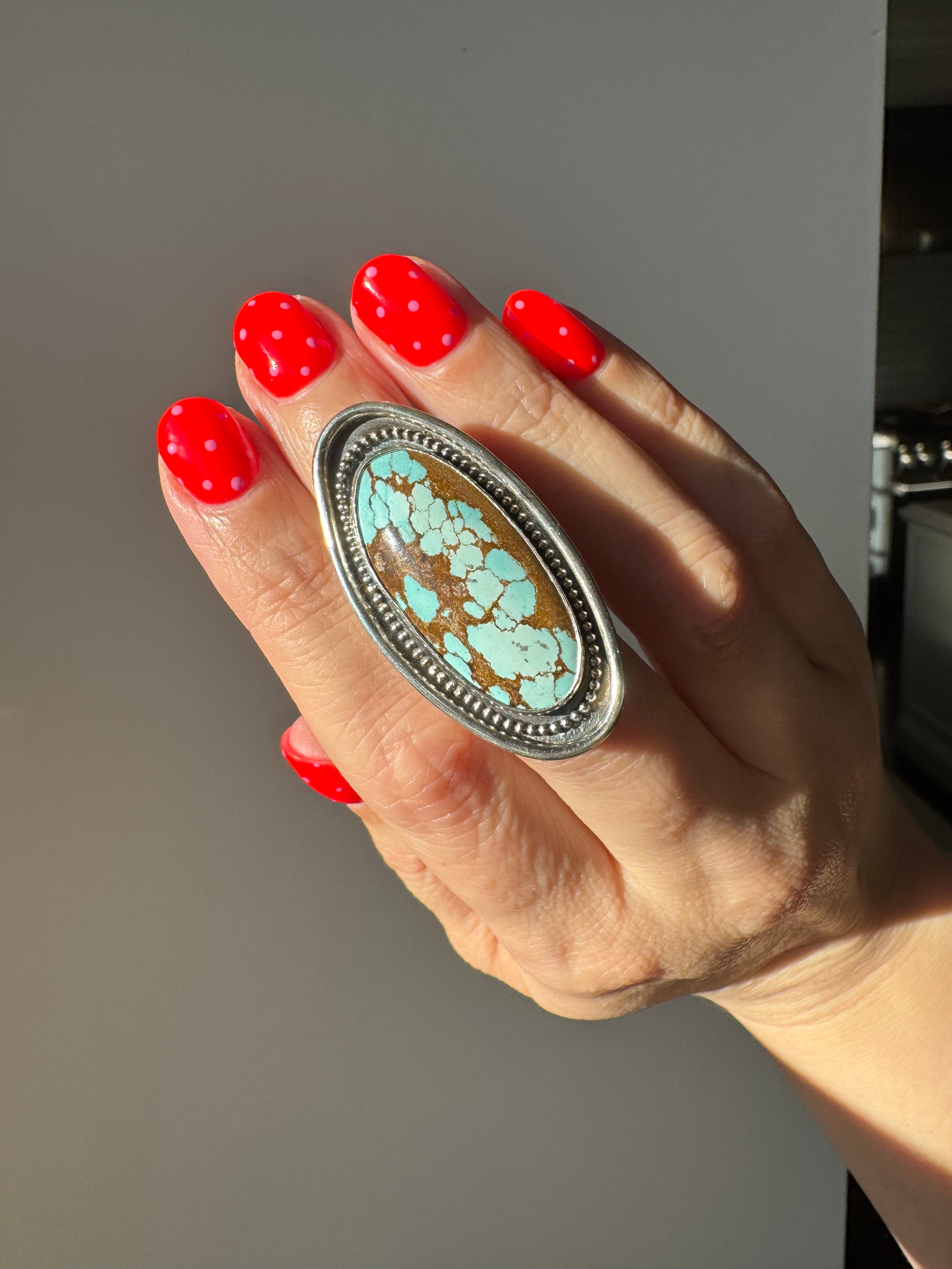 Turquoise Surfboard Ring in Sterling Silver | Decorative Sterling Border — Ready to Ship, One of a Kind