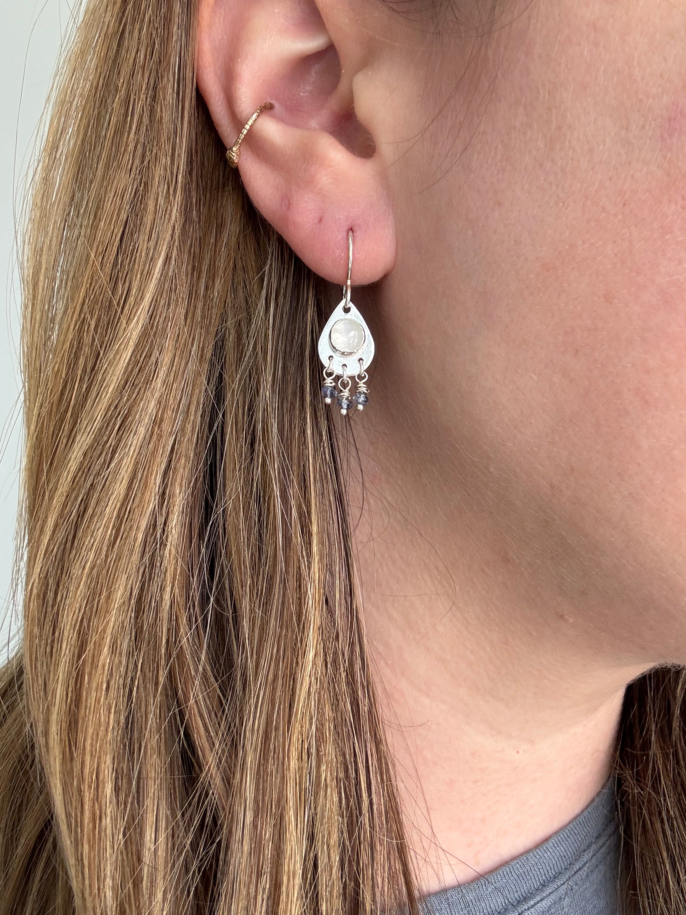 Teardrop Earrings with Rainbow Moonstone and Sapphire