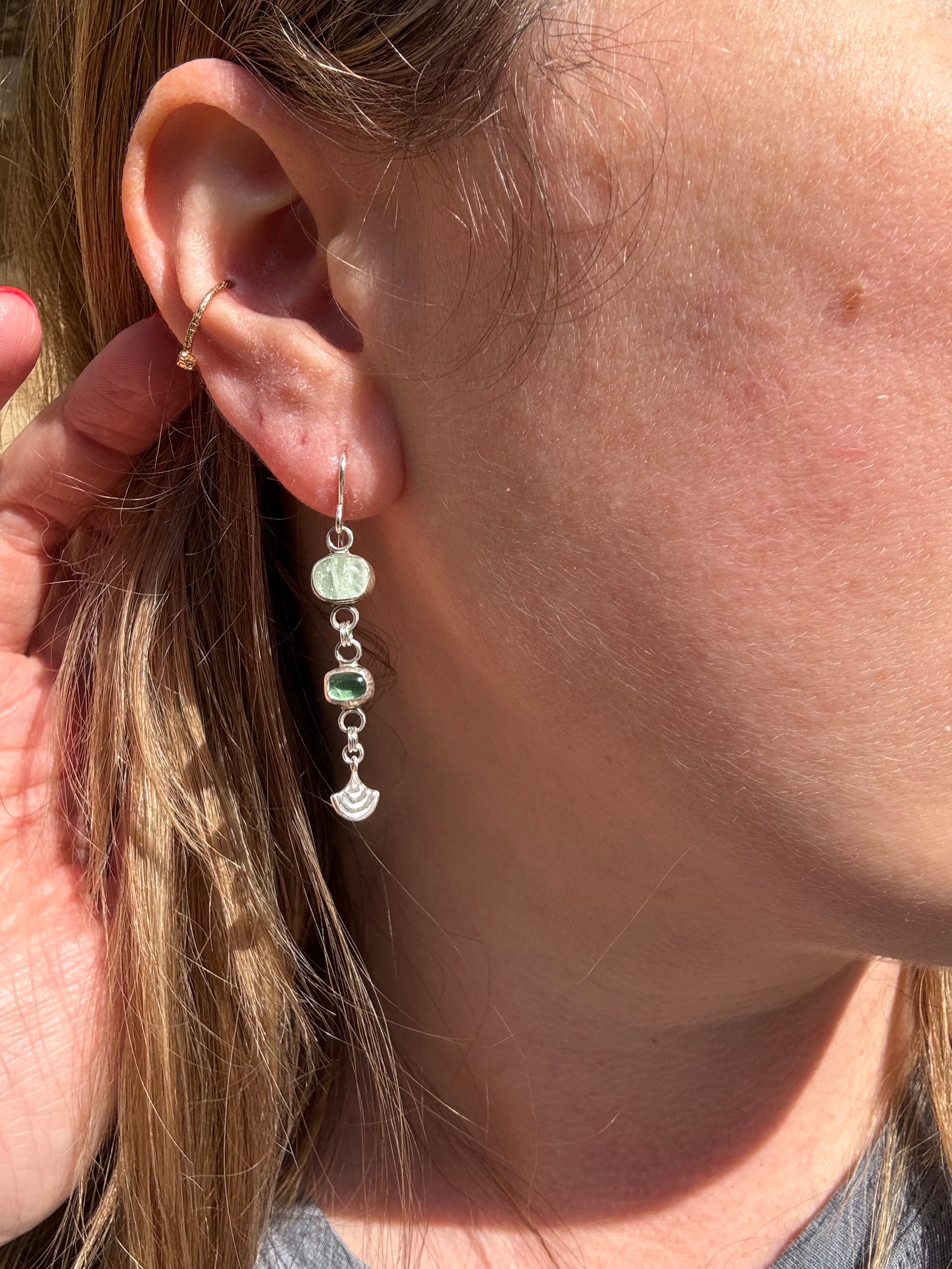 Tourmaline Earrings with Silver Fans