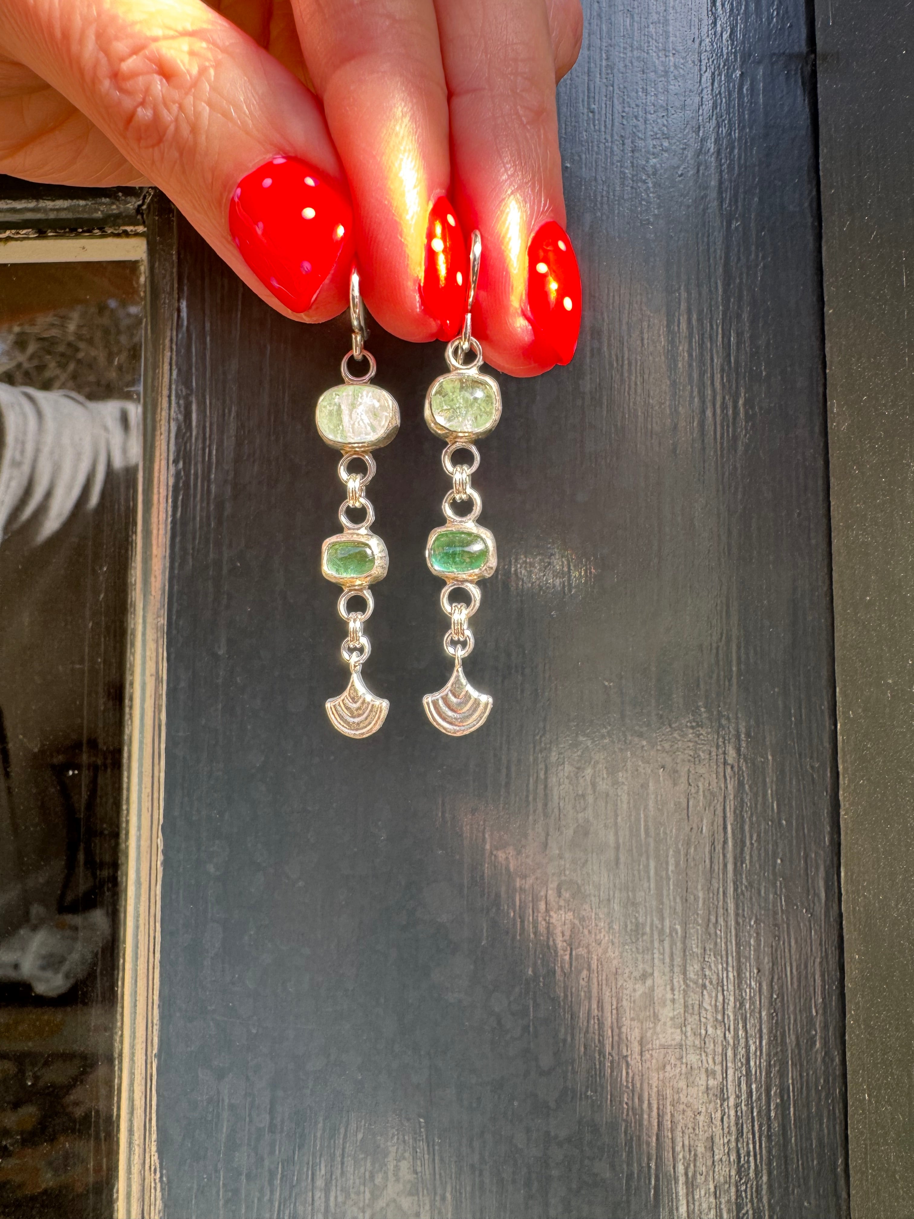 Tourmaline Earrings with Silver Fans