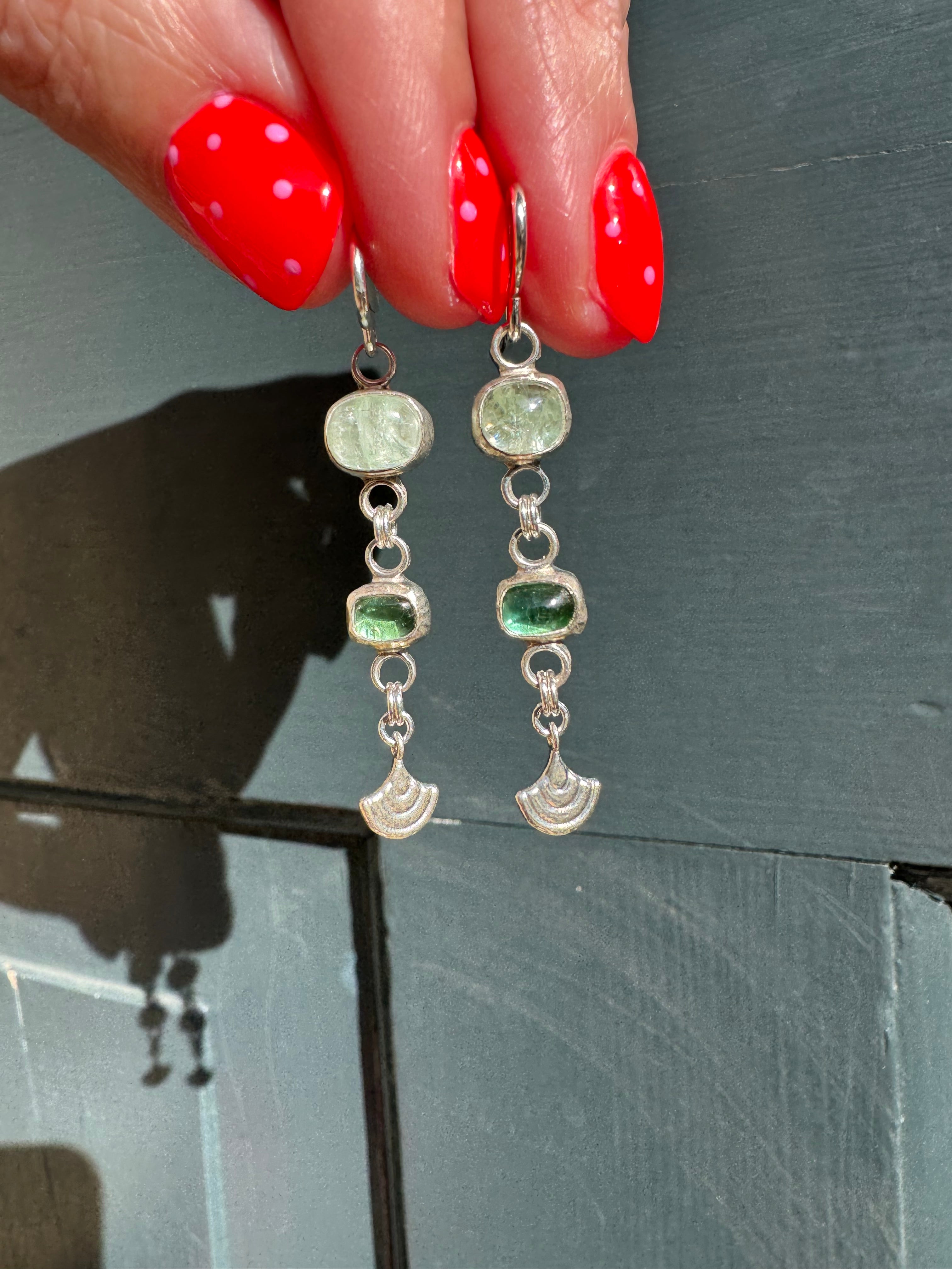 Tourmaline Earrings with Silver Fans