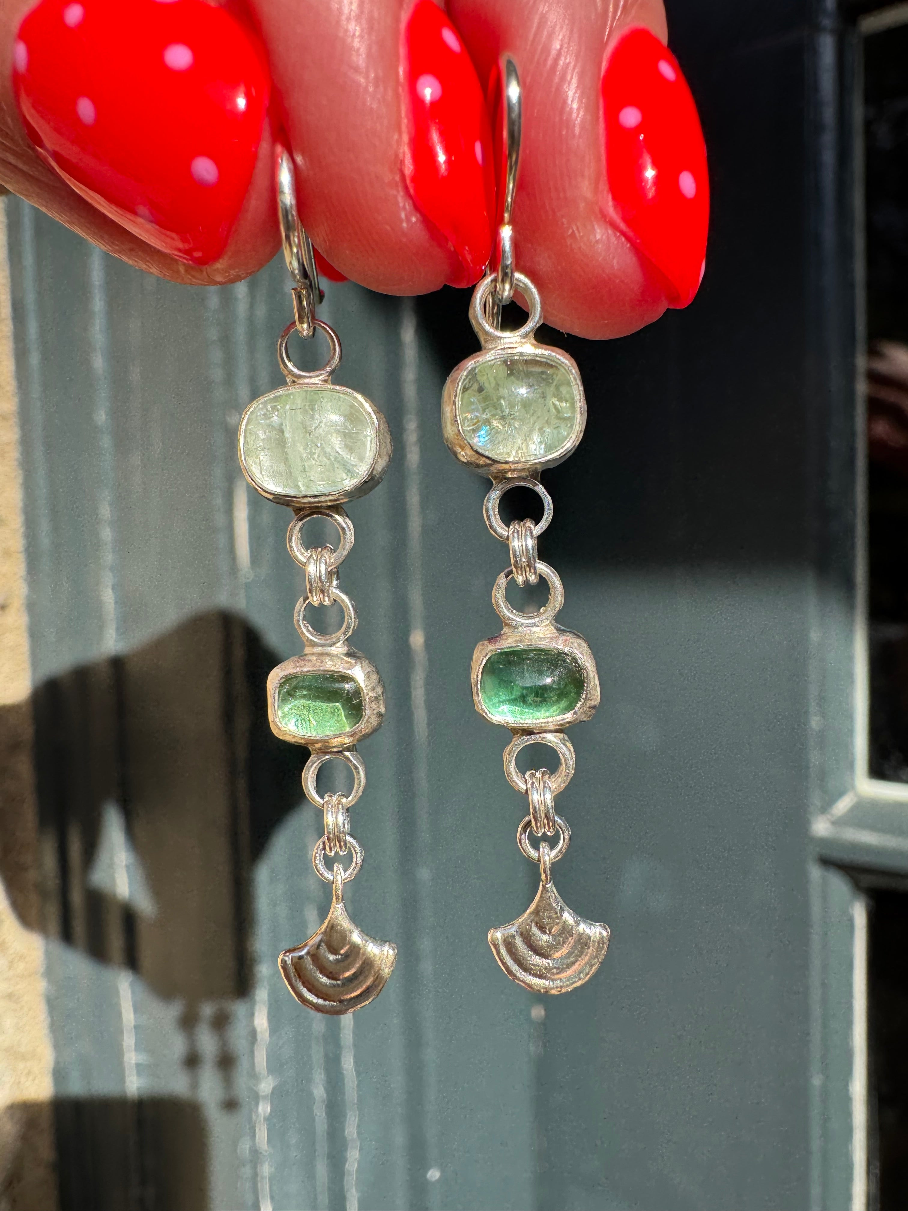 Tourmaline Earrings with Silver Fans