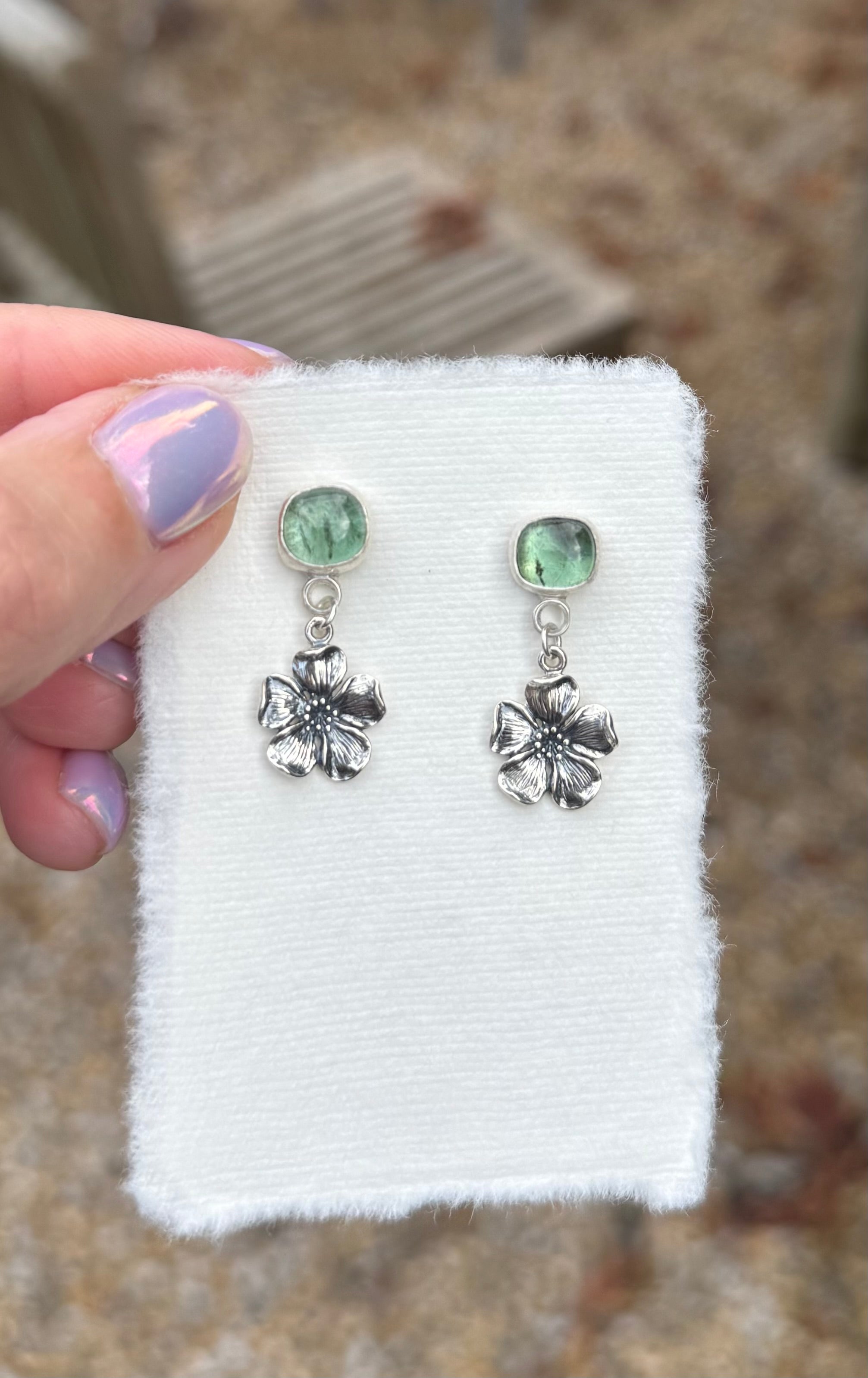 Green tourmaline with sterling silver cherry blossom post back earrings