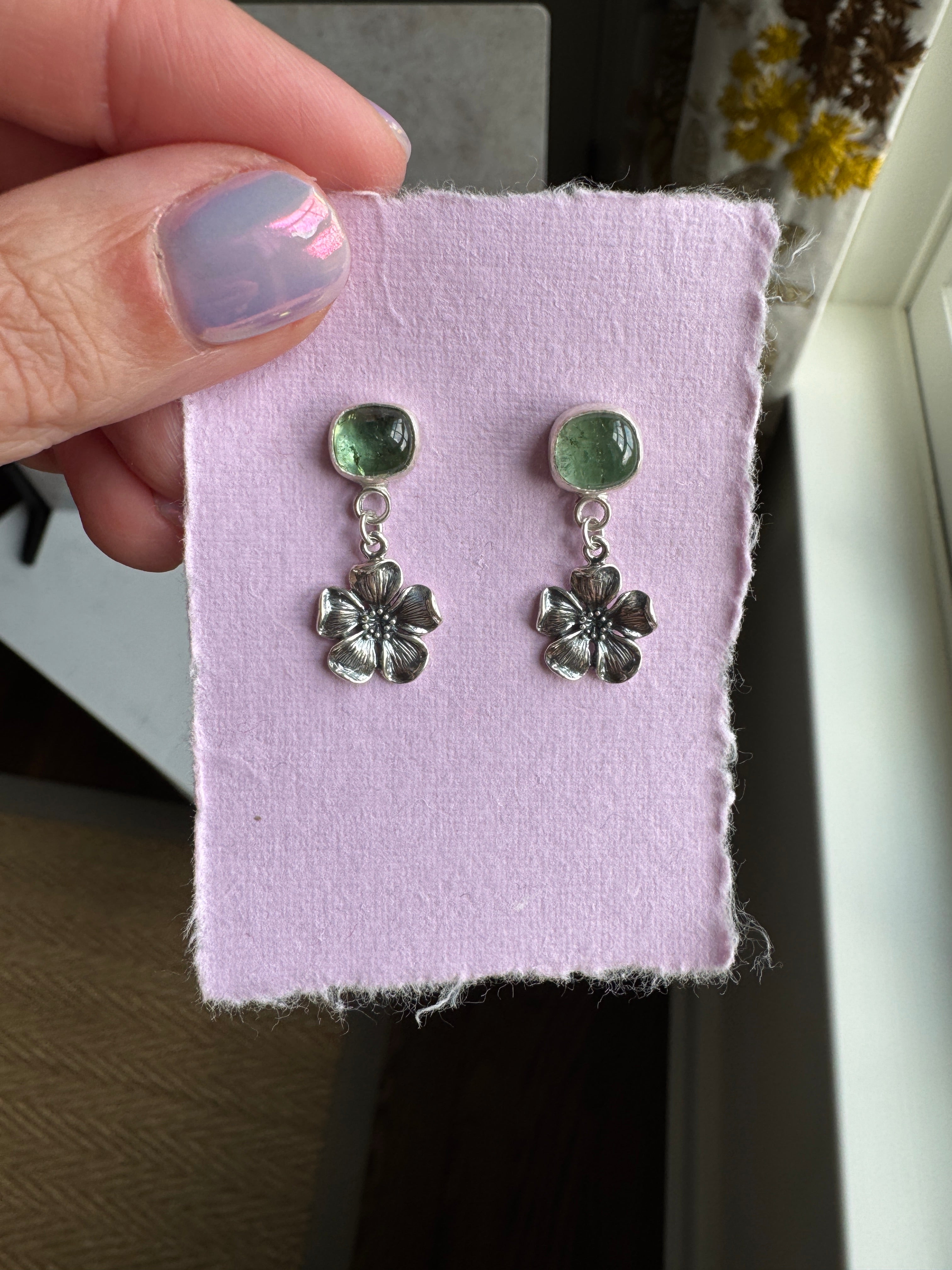 Green tourmaline with sterling silver cherry blossom post back earrings