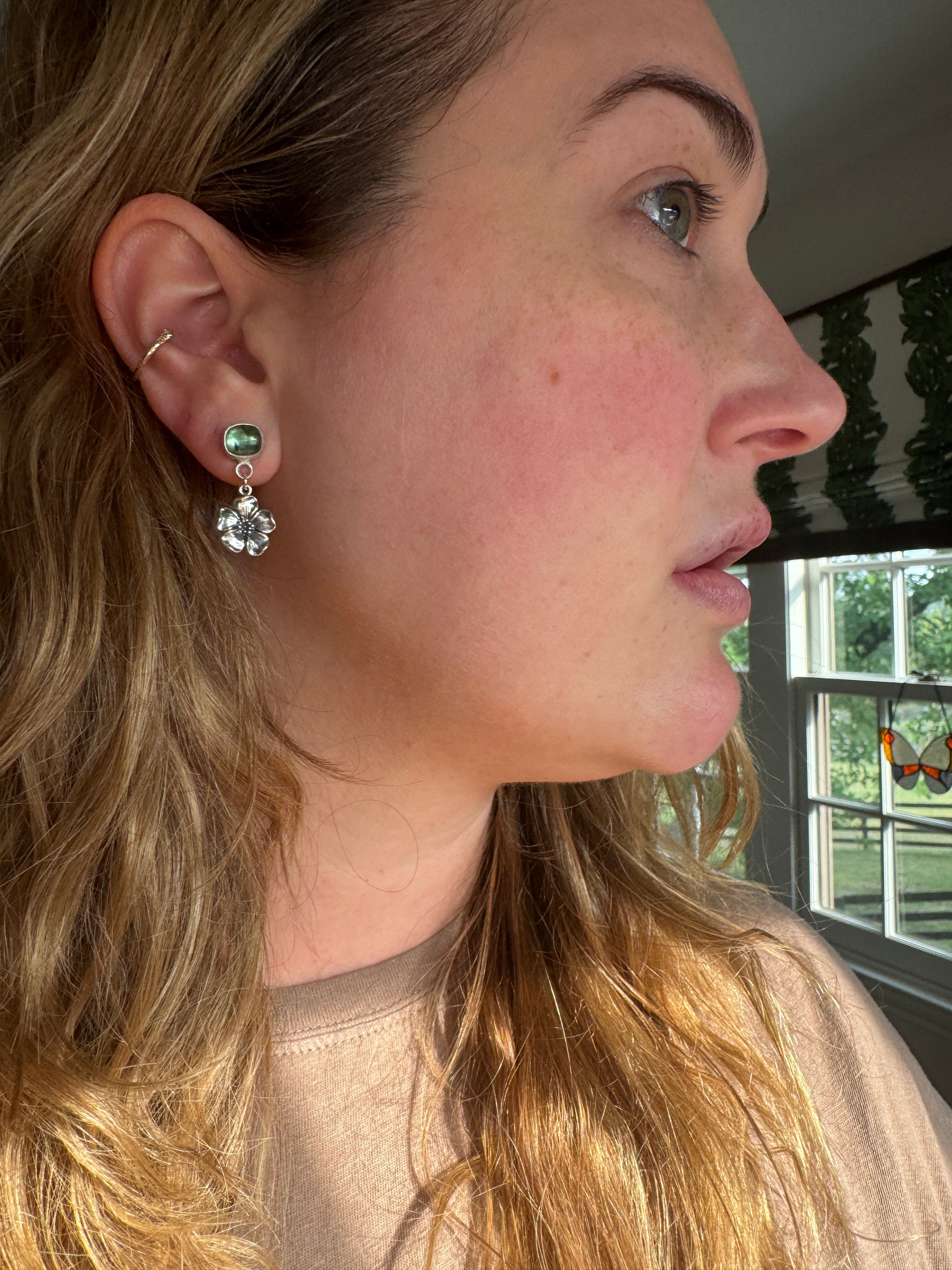 Green tourmaline with sterling silver cherry blossom post back earrings