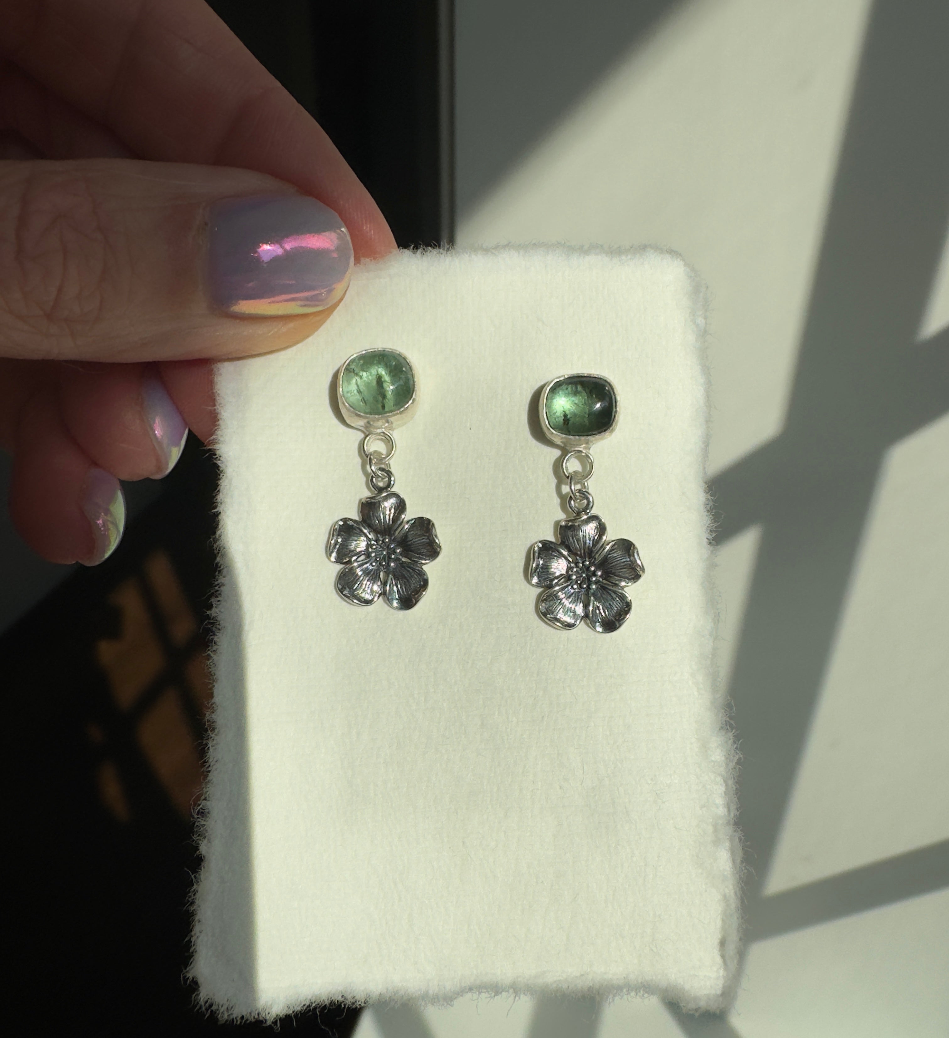 Green tourmaline with sterling silver cherry blossom post back earrings
